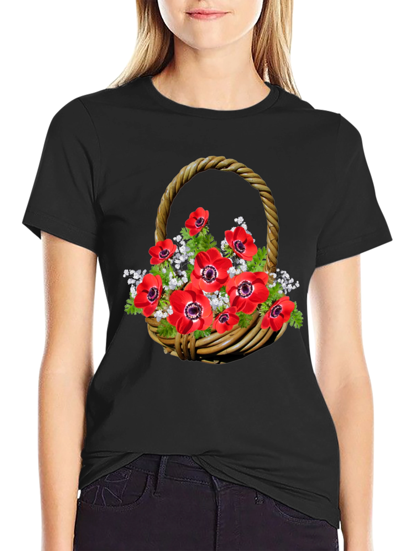Floral Basket T-Shirt: Red Anemones on Black Cotton Tee - 2