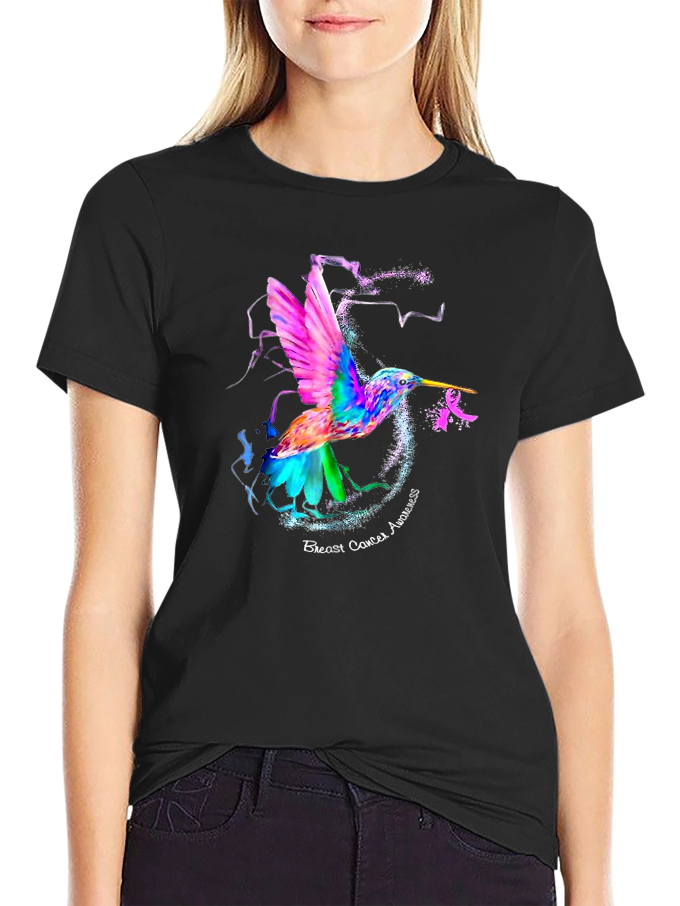 Black Hummingbird Breast Cancer Awareness T-Shirt view 2