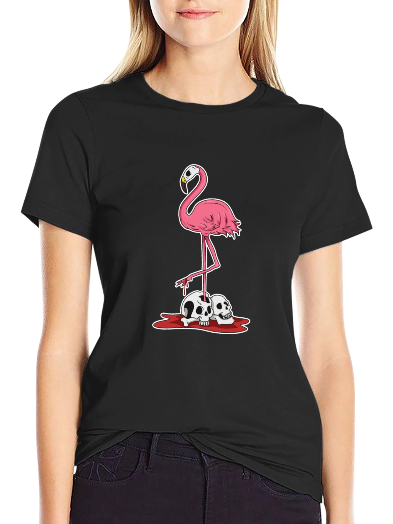 Black Flamingo Skull T-Shirt - Dark Humor Graphic Tee view 2