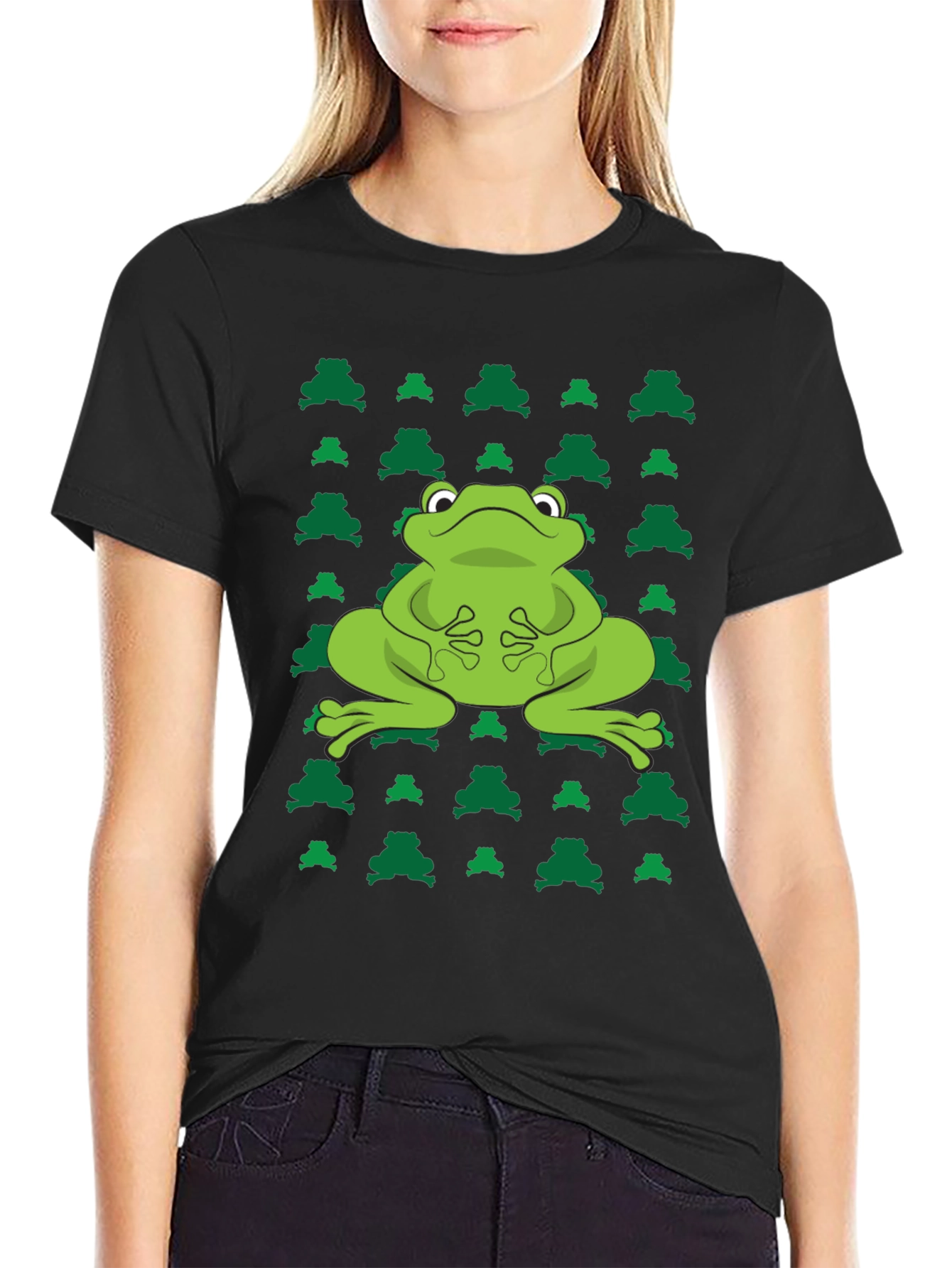 Black Frog Pattern Black T-Shirt view 2
