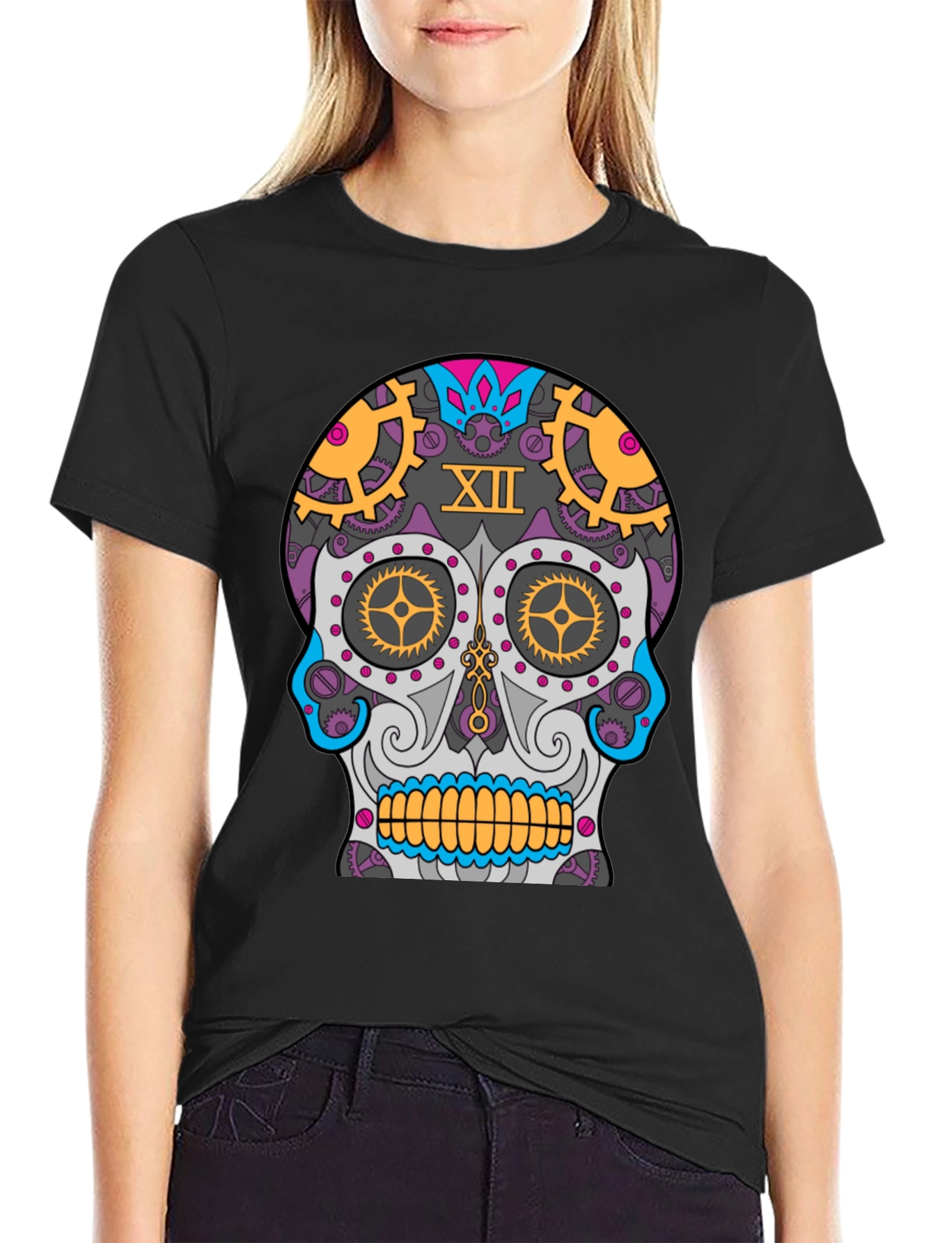 Black Steampunk Sugar Skull T-Shirt - Unique Day of the Dead Design view 2