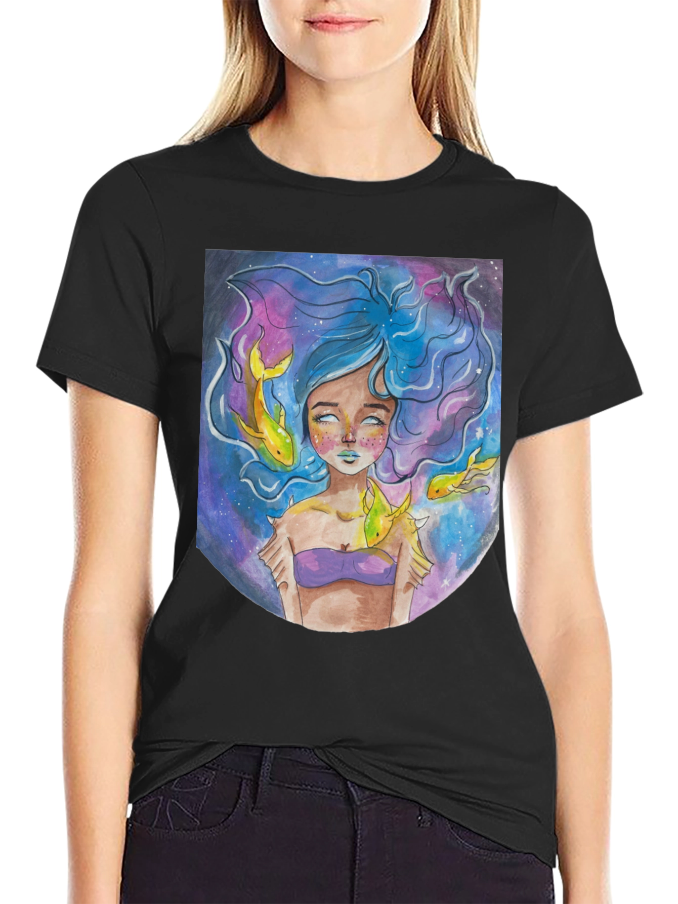 Black Artistic Mermaid Graphic T-Shirt - Unique Fantasy Design view 2