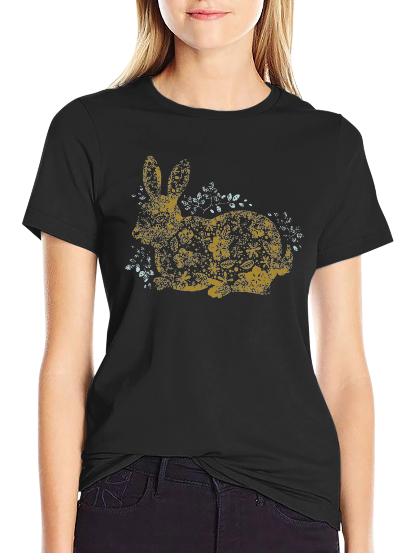 Black Floral Bunny Graphic Tee - Black Cotton Casual Shirt view 2