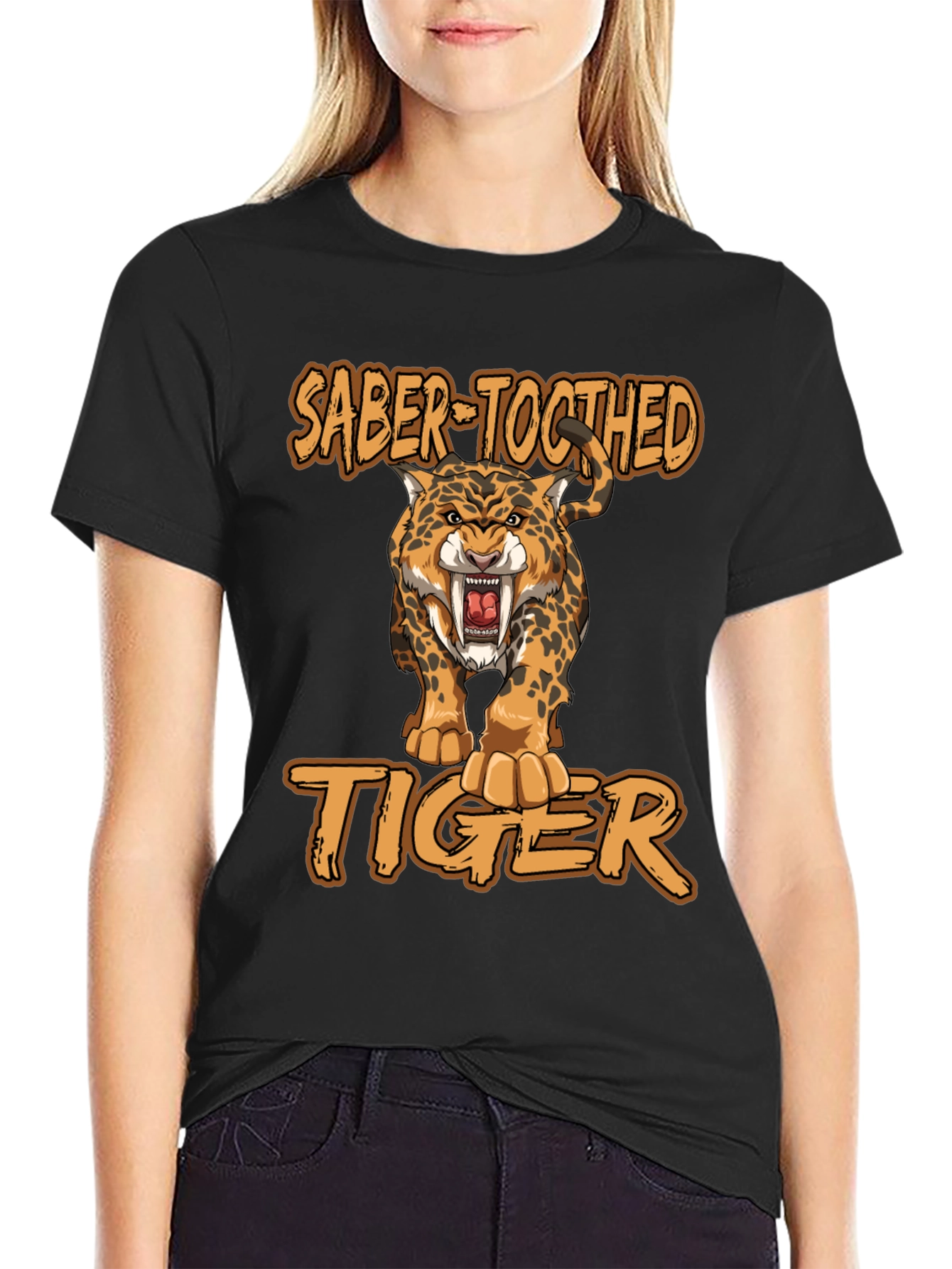 Black Saber-Toothed Tiger Graphic Print T-Shirt view 2