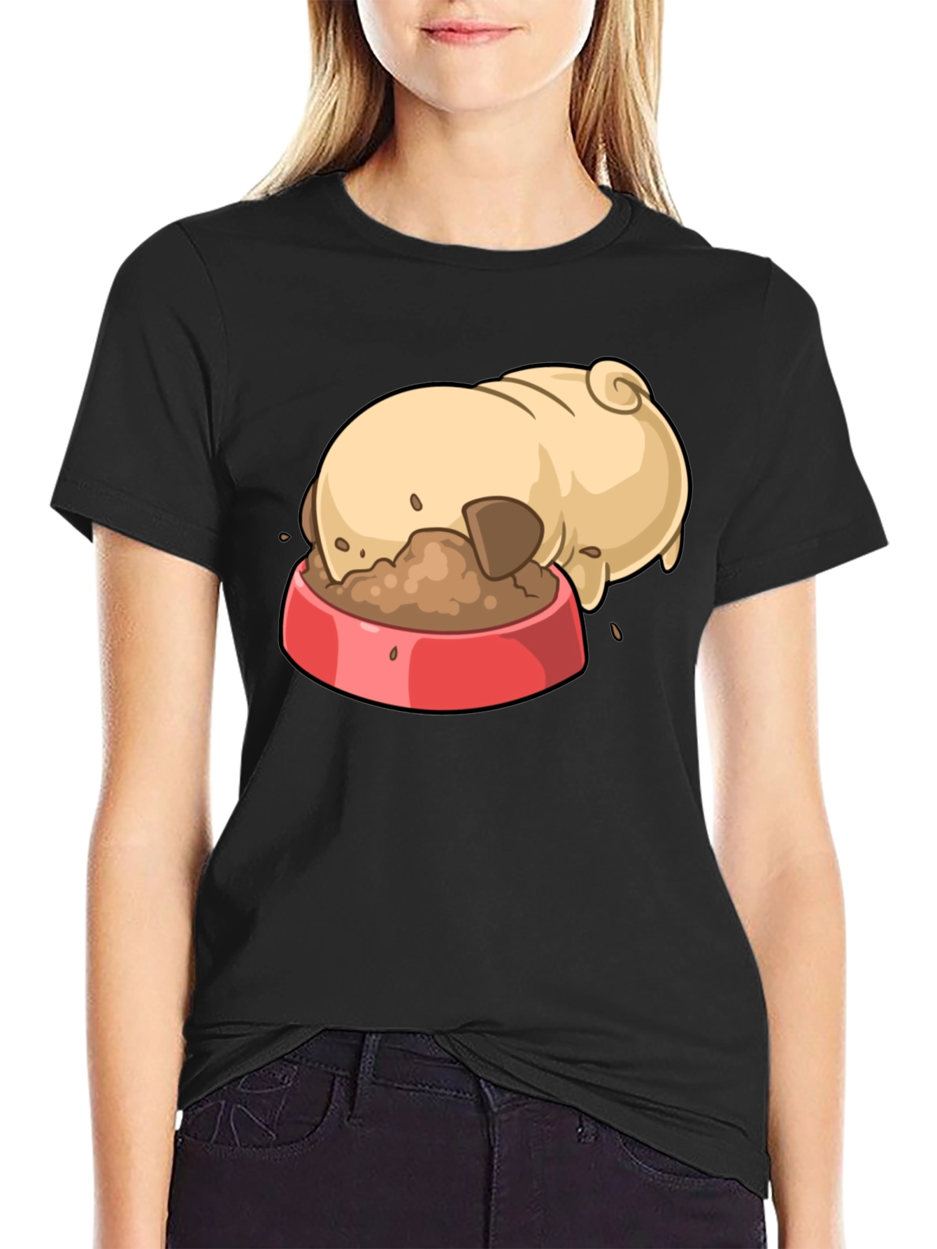 Black Pug Eating Cartoon Graphic T-Shirt view 2