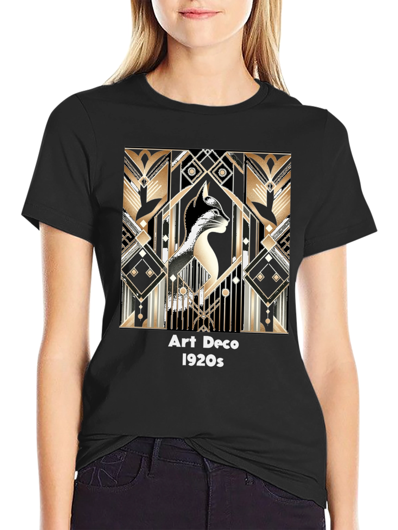 Black Art Deco Cat T-Shirt - Roaring 20s Style view 2