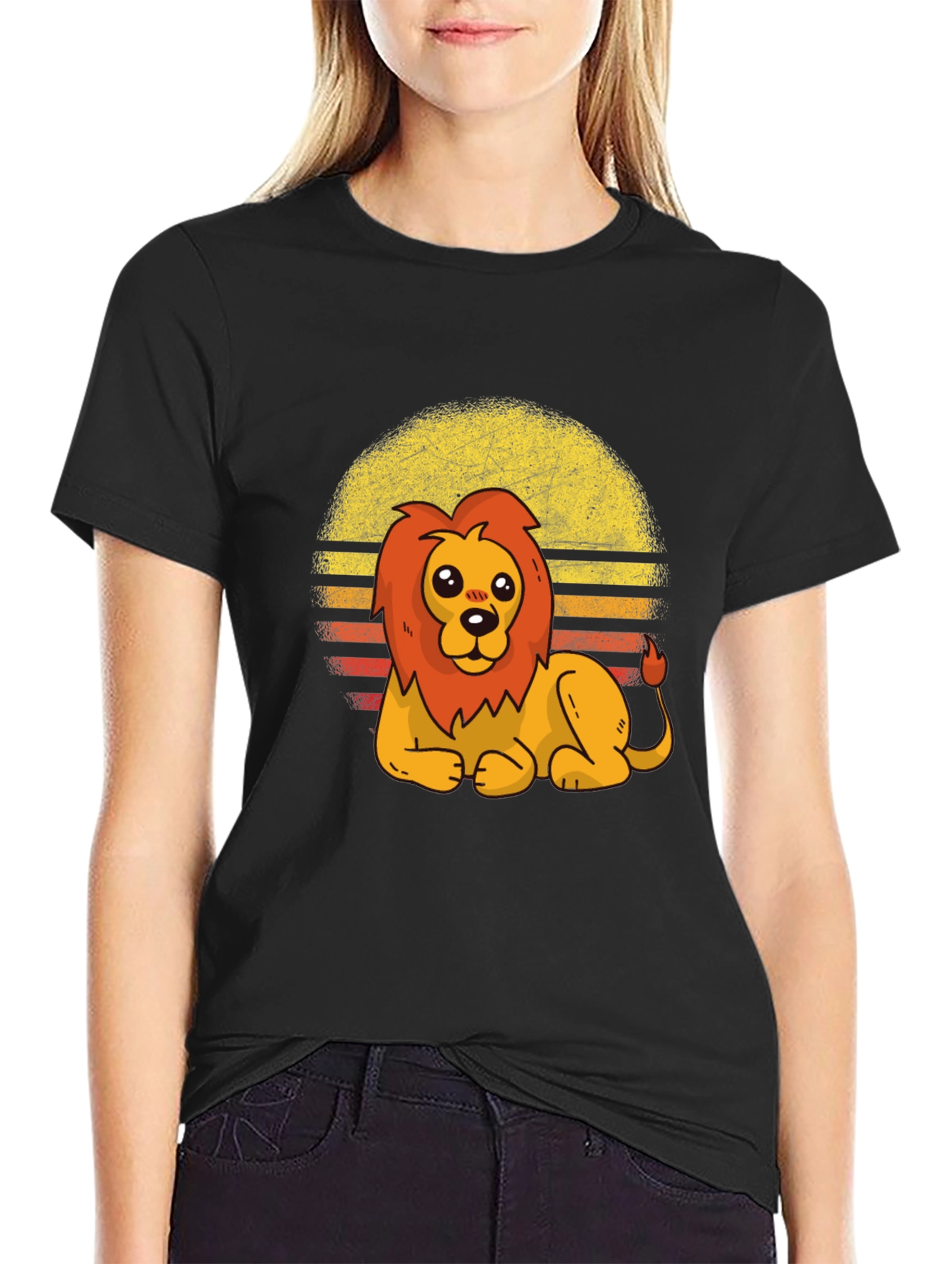 Black Cute Lion Retro Sunset Graphic Tee view 2