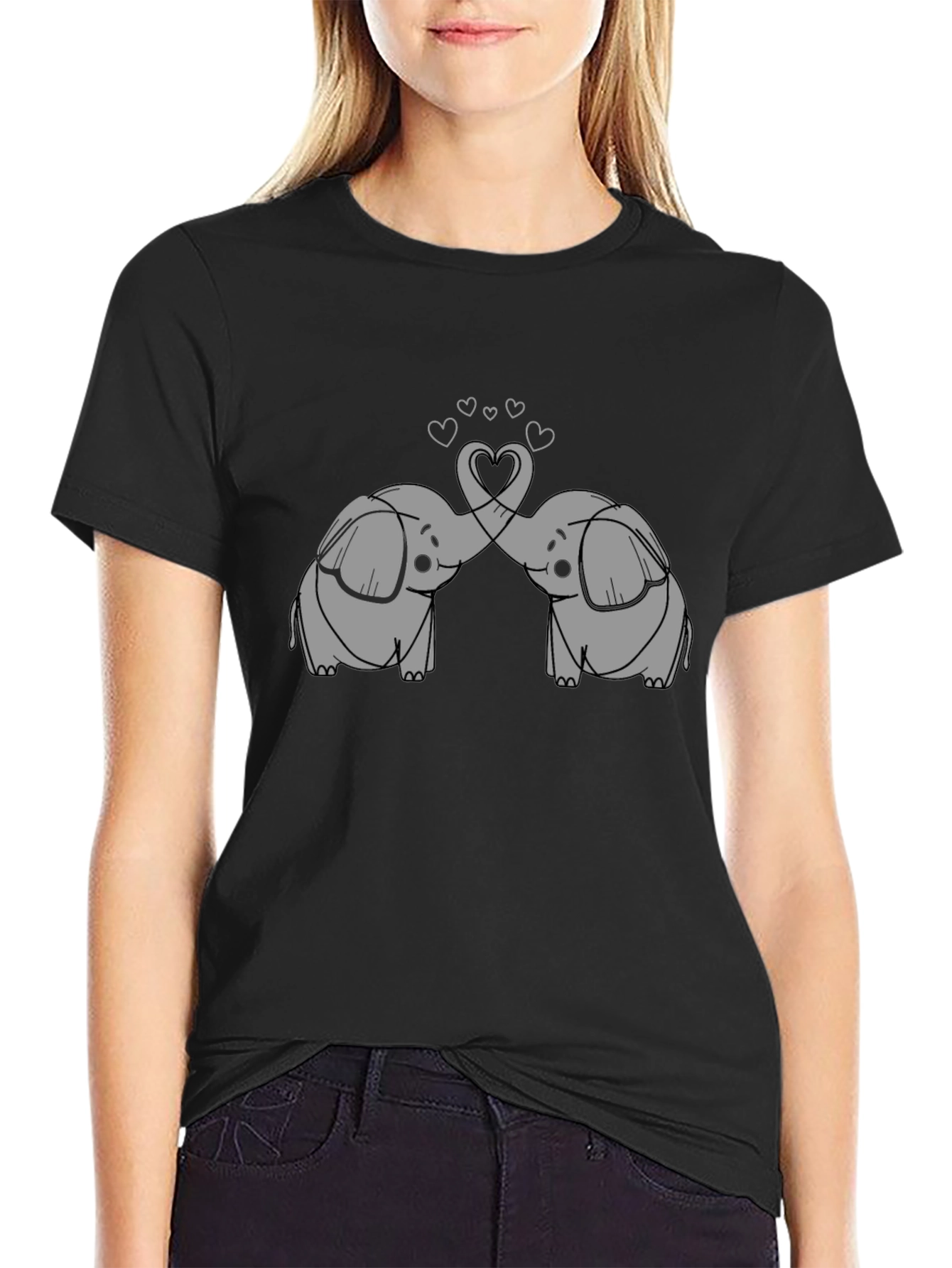 Black Elephant Love T-Shirt - Cute Cartoon Design view 2