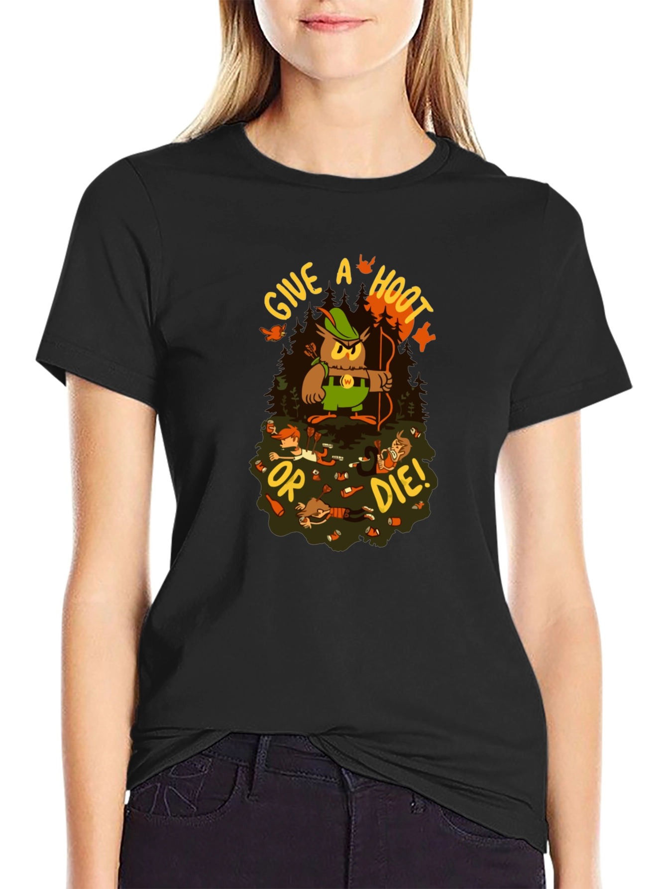 Black Give a Hoot or Die! Graphic T-Shirt view 2