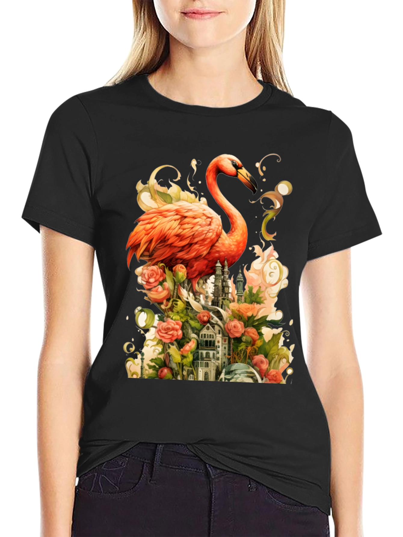 Black Flamingo Castle Graphic Tee view 2