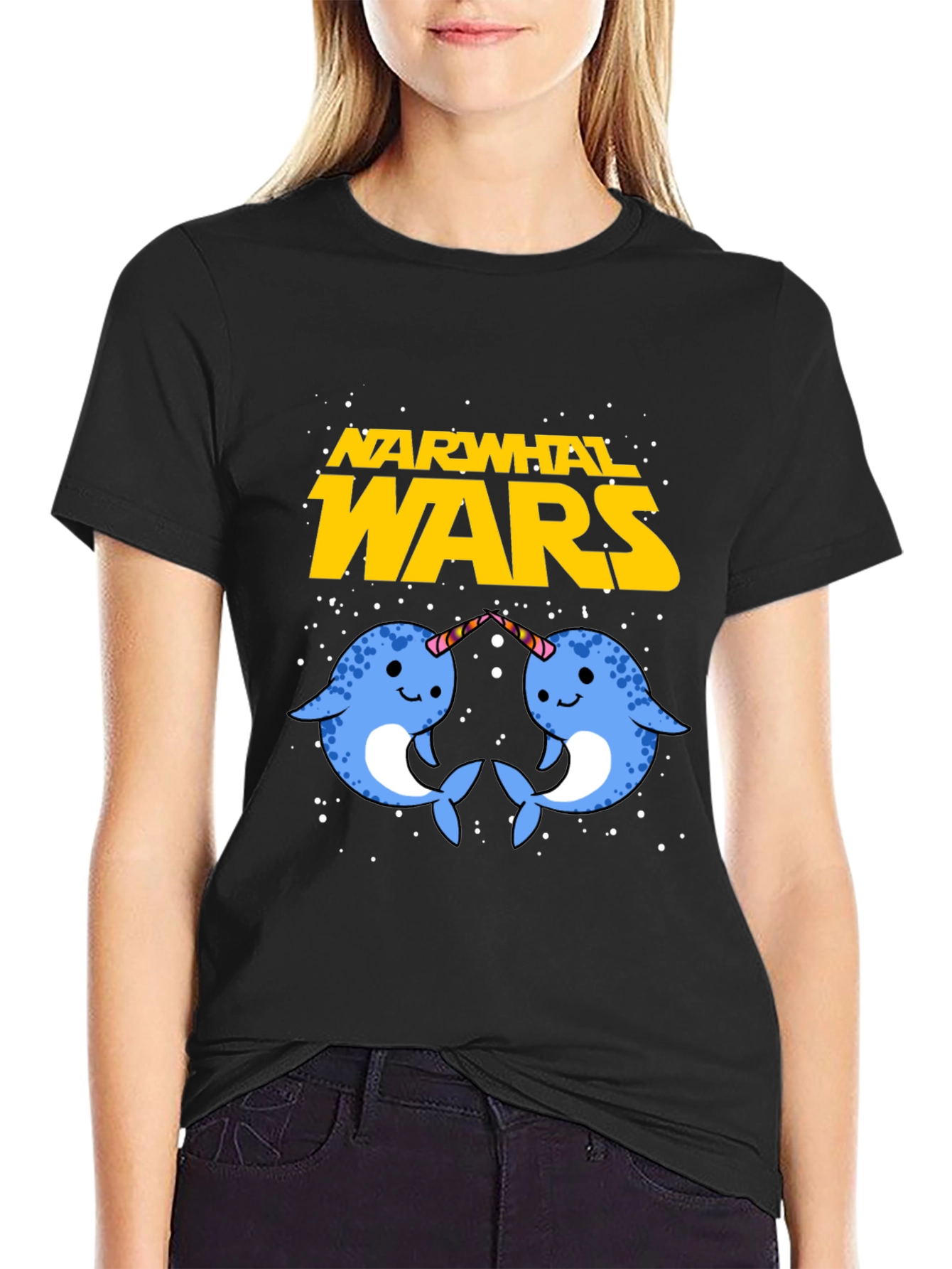 Black Narwhal Wars Graphic Tee - Funny Novelty T-Shirt view 2