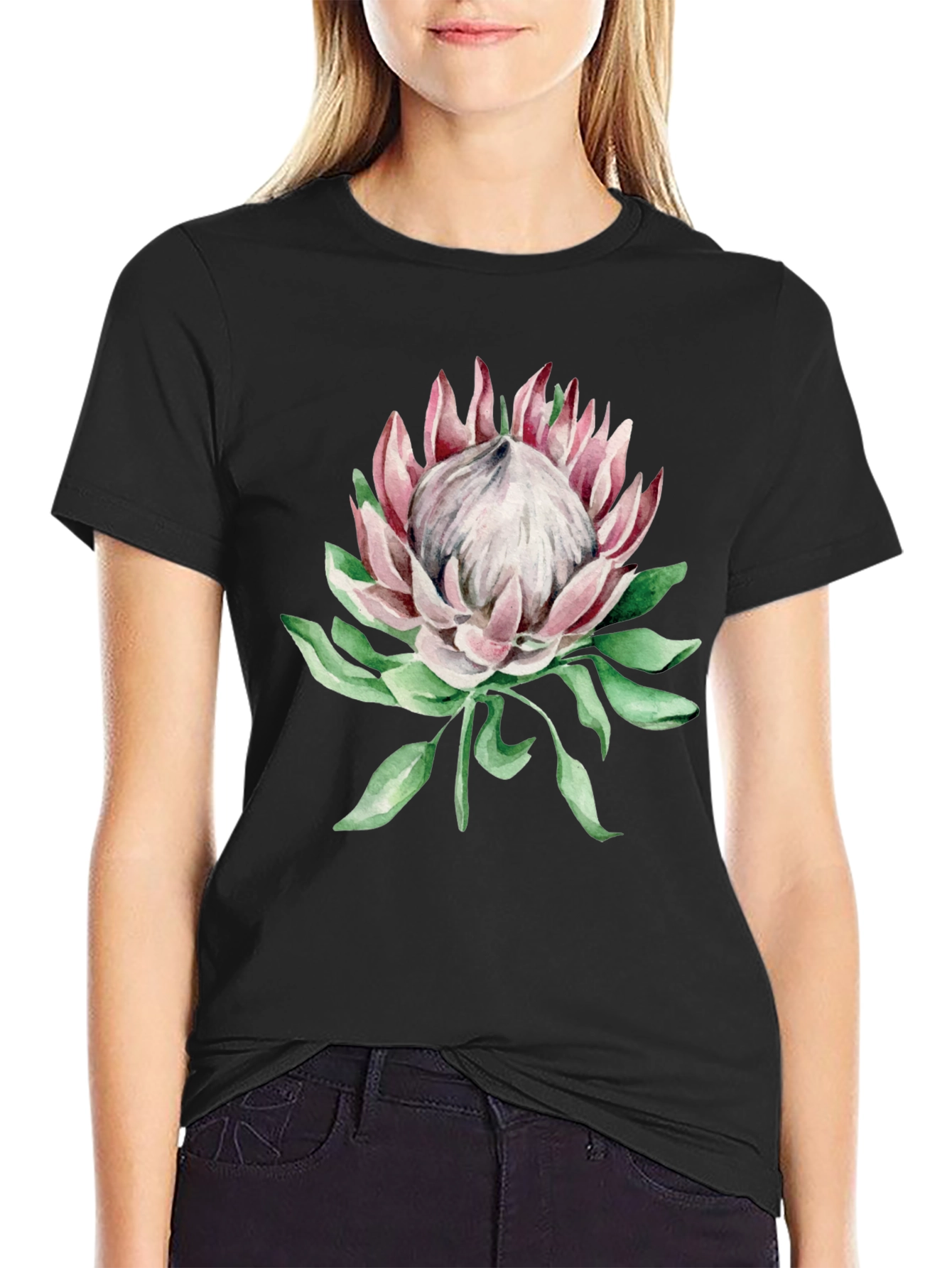 Black Protea Flower Graphic Black T-Shirt view 2