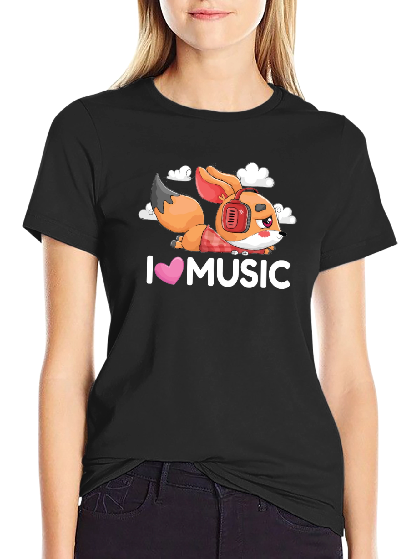 Black I Love Music Fox Black T-Shirt view 2
