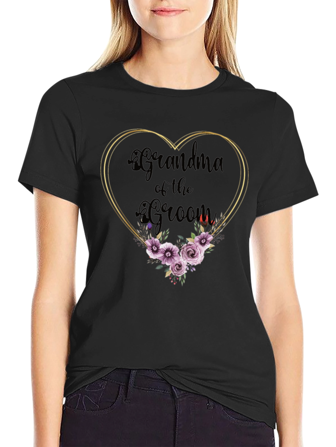 Black Grandma of the Groom Floral Heart Tee view 2