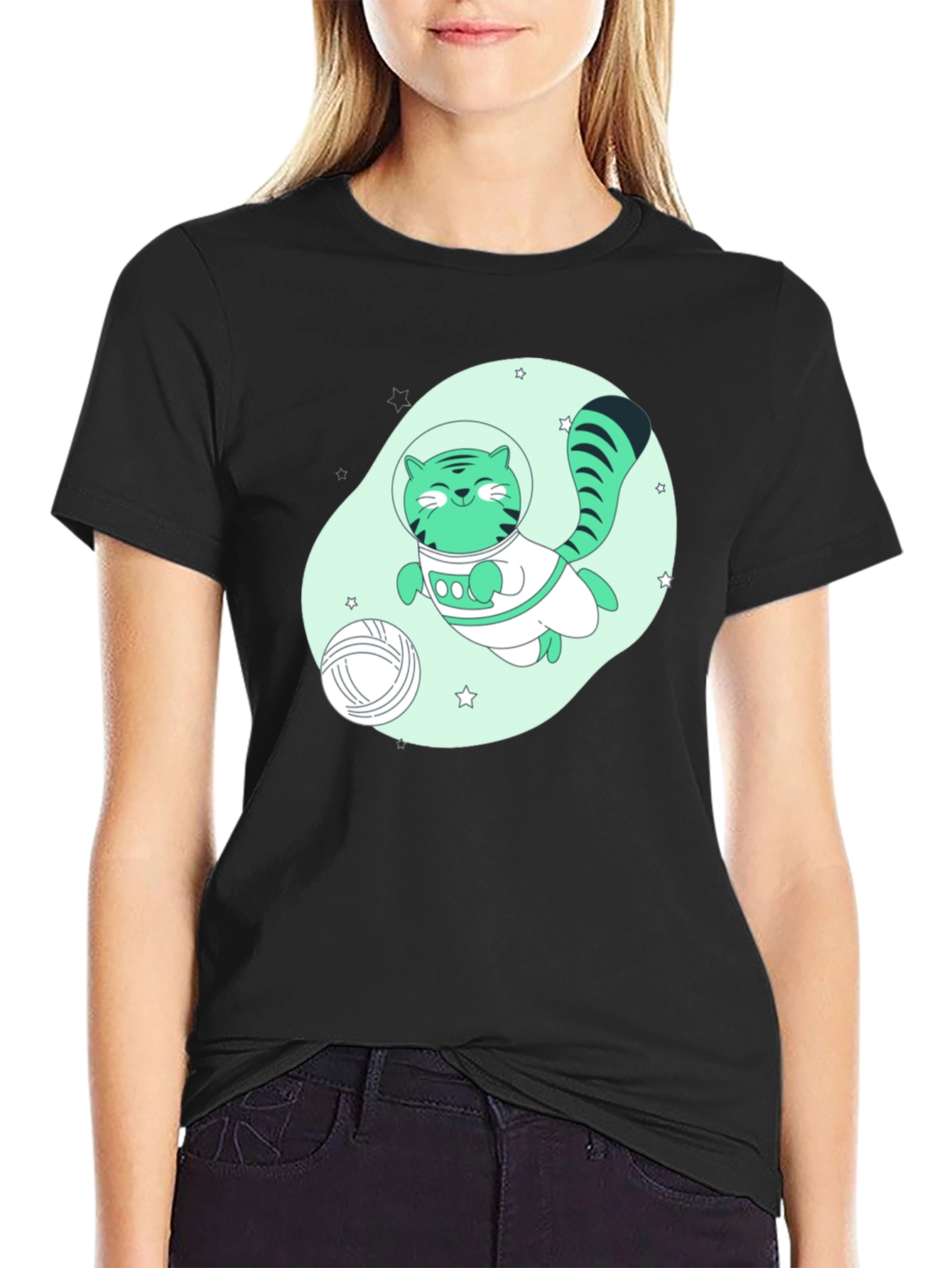 Black Astronaut Cat Graphic T-Shirt - Black view 2