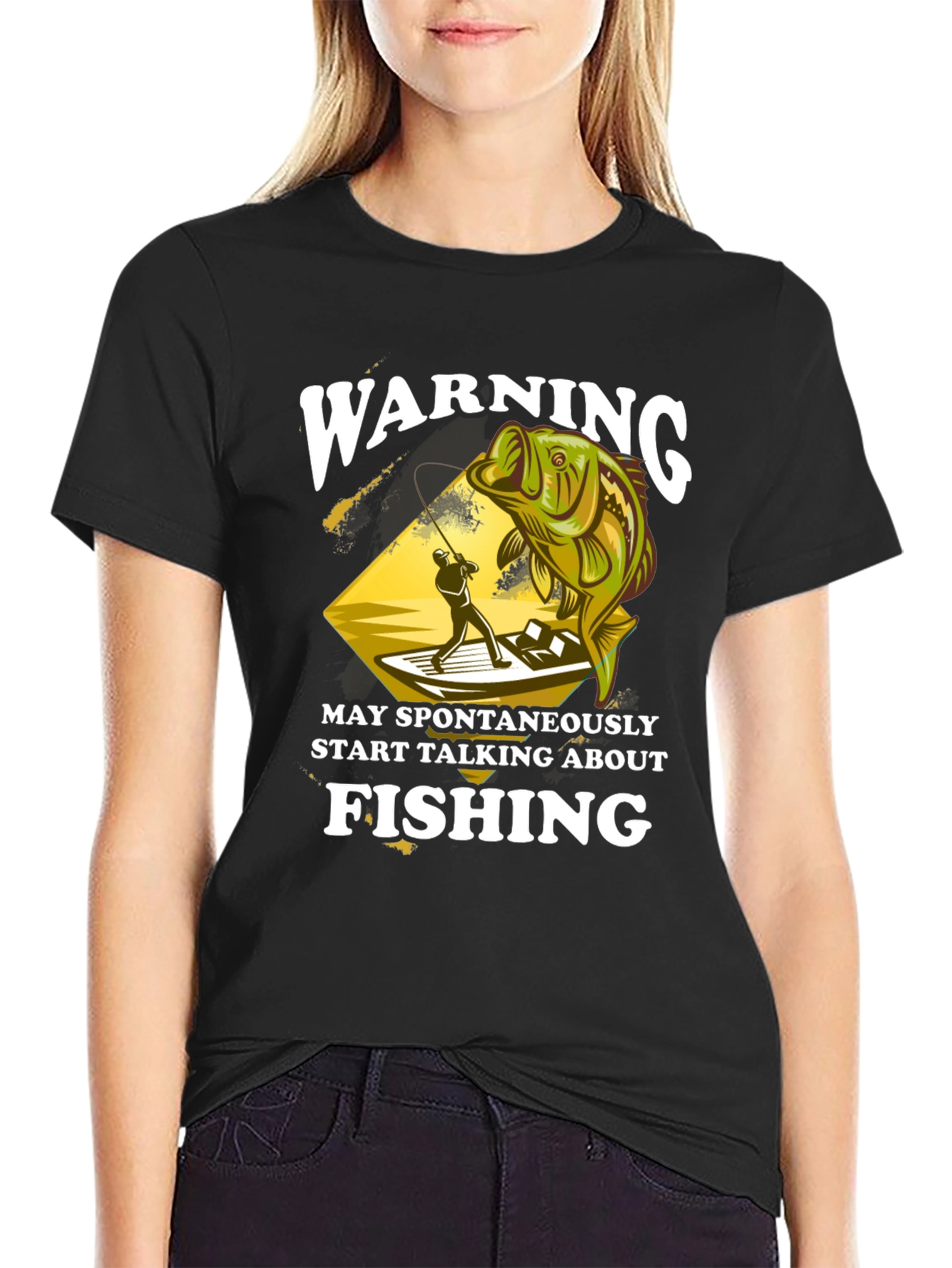 Black Warning May Spontaneously Talk About Fishing T-Shirt view 2