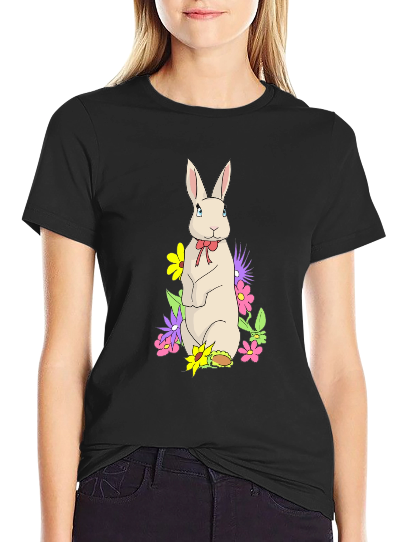 Black Rabbit & Flowers Black T-Shirt view 2