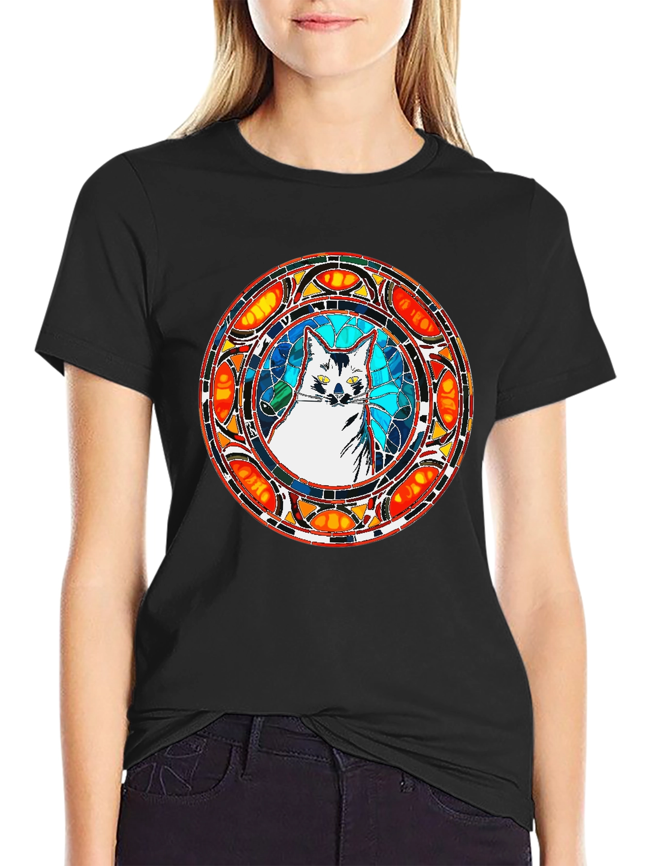 Black Stained Glass Cat T-Shirt - Unique Artistic Design view 2