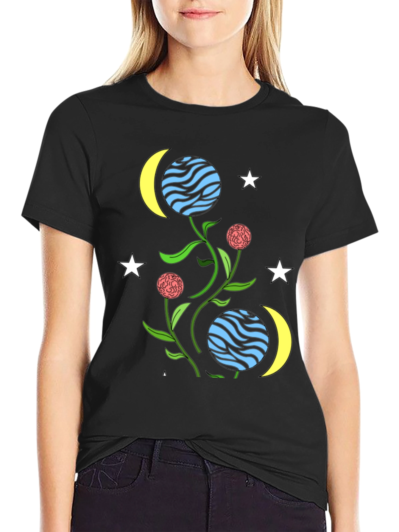 Black Cosmic Floral T-Shirt - Stars, Moons, & Planets Design view 2