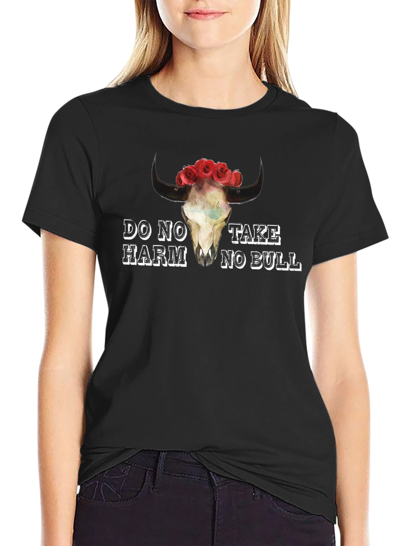 Black Do No Harm Take No Bull Skull Graphic Tee view 2