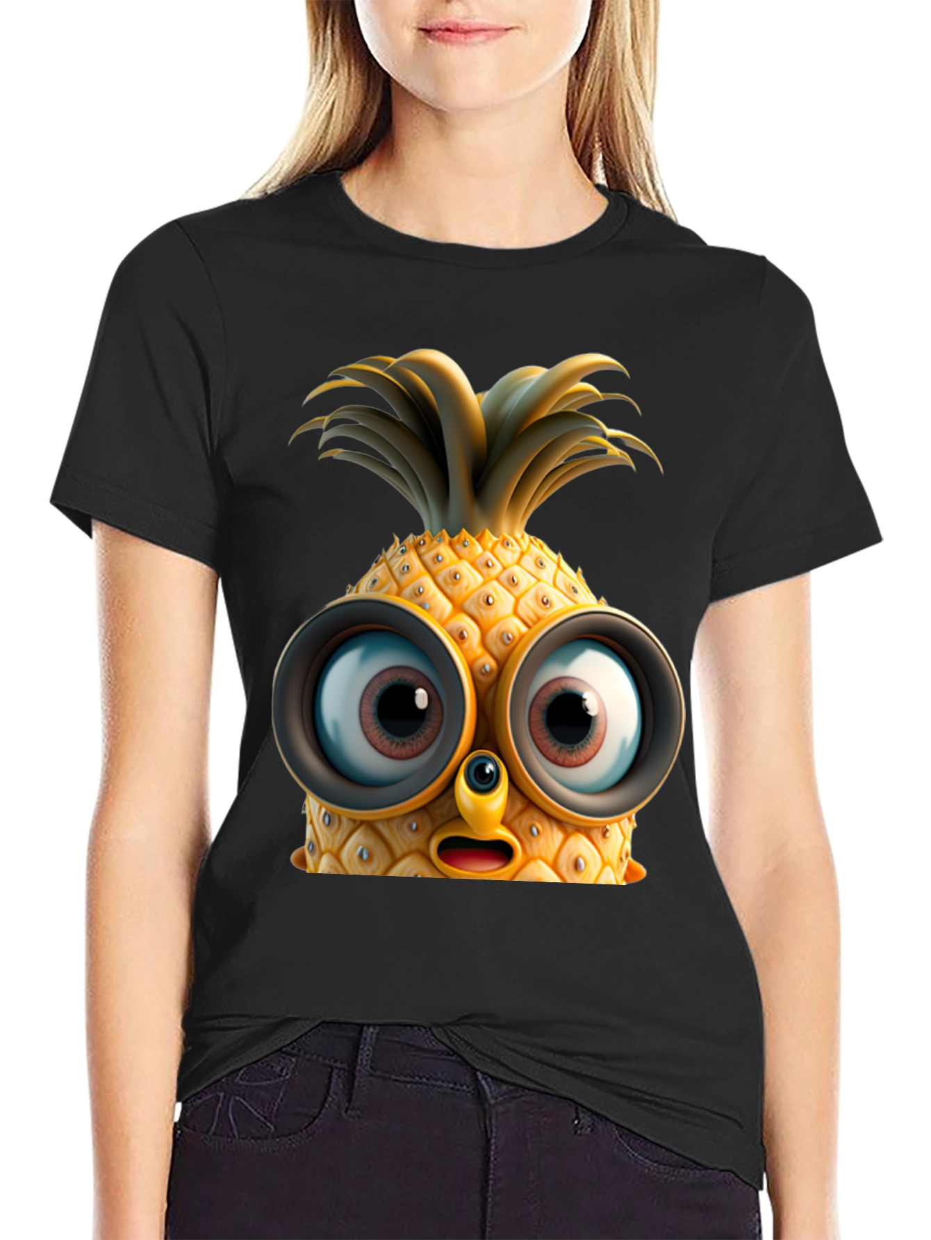 Black Funny Pineapple Face Graphic T-Shirt view 2