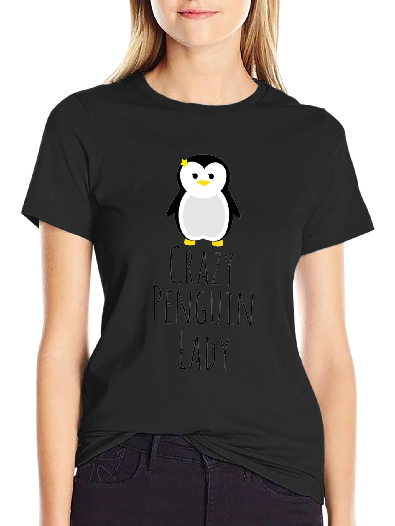 Black Crazy Penguin Lady Graphic Tee - Unisex Black T-Shirt view 2
