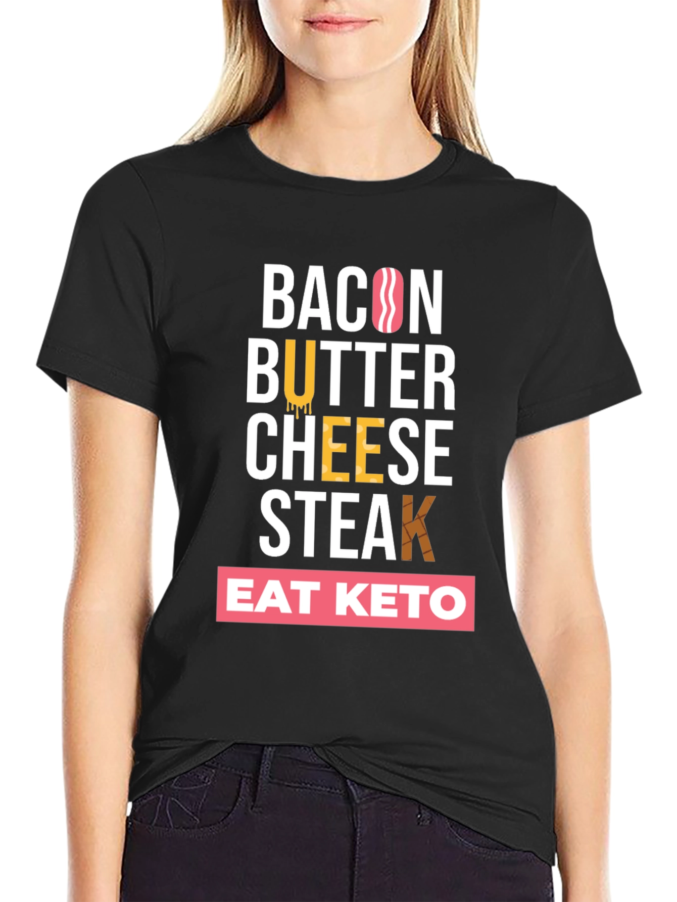 Black Eat Keto Bacon Butter Cheese Steak T-Shirt view 2