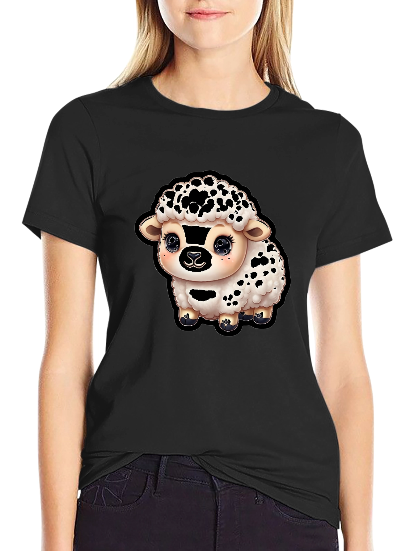 Black Cute Sheep Graphic T-Shirt - Black Cotton Blend view 2