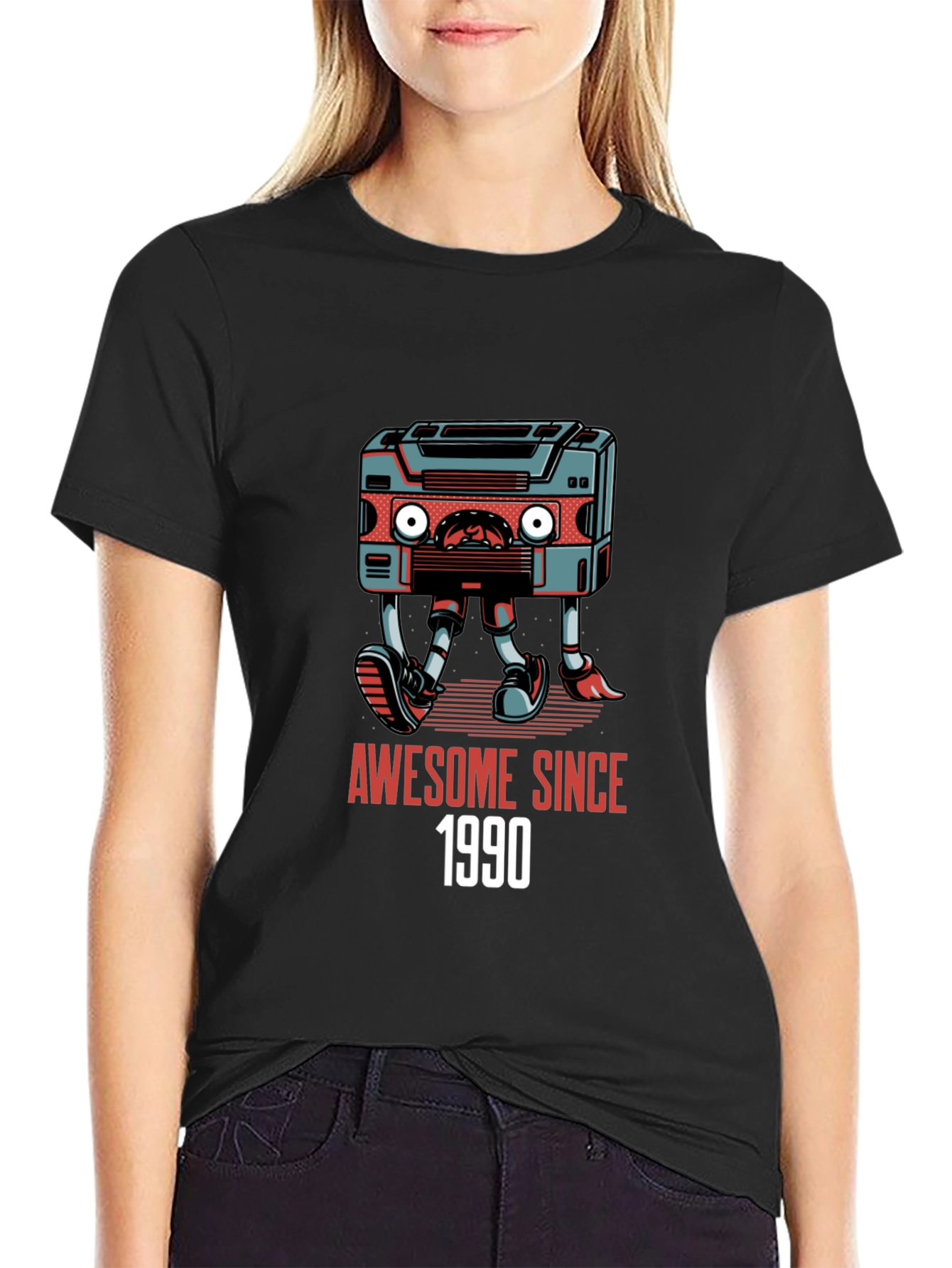 Black Awesome Since 1990 Cassette Tape Graphic T-Shirt view 2