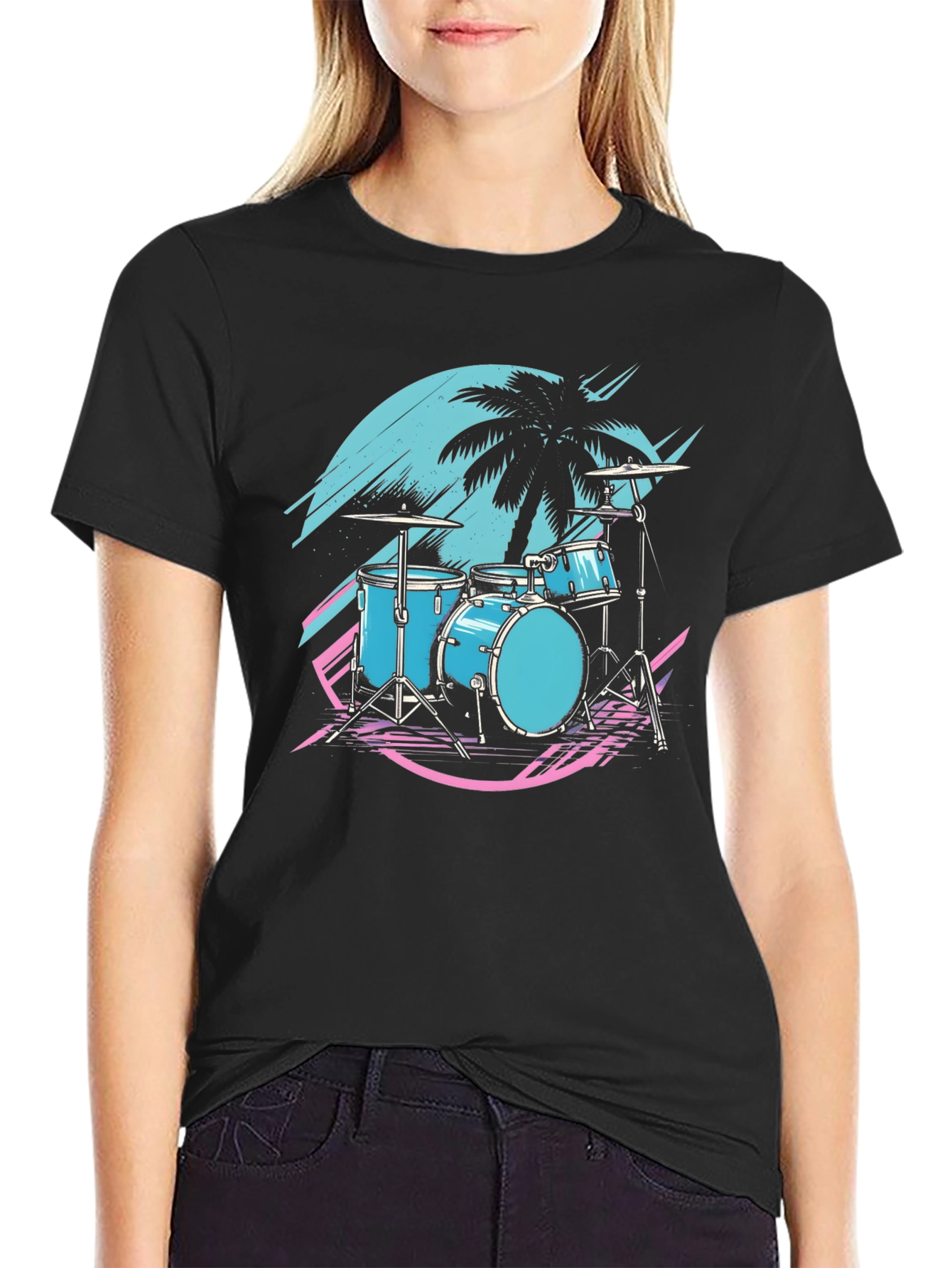 Black Retro Drum Set T-Shirt - Synthwave Vibes view 2
