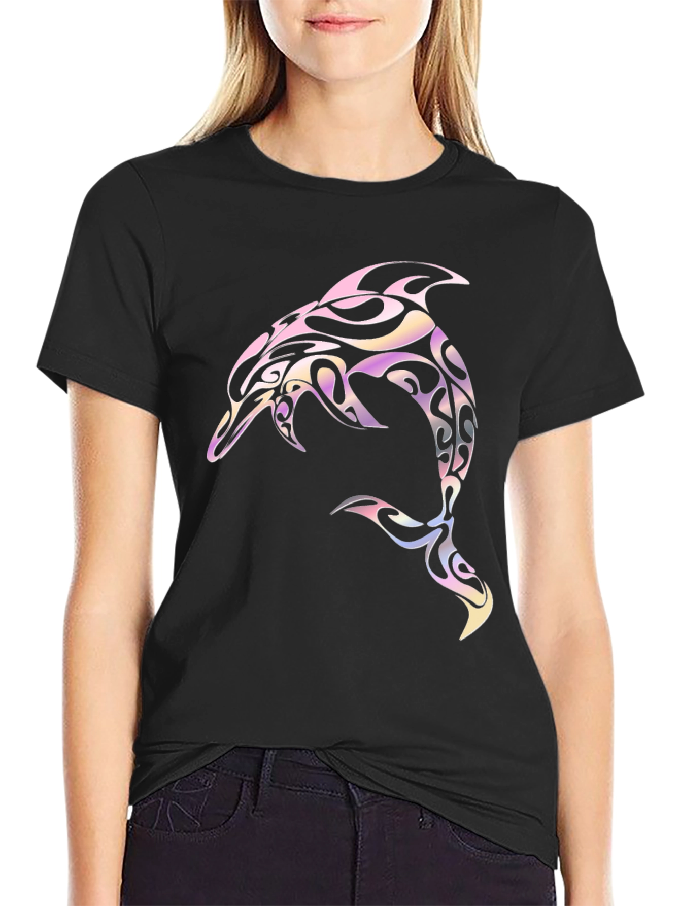 Black Tribal Dolphin Graphic Tee - Black Cotton Blend view 2
