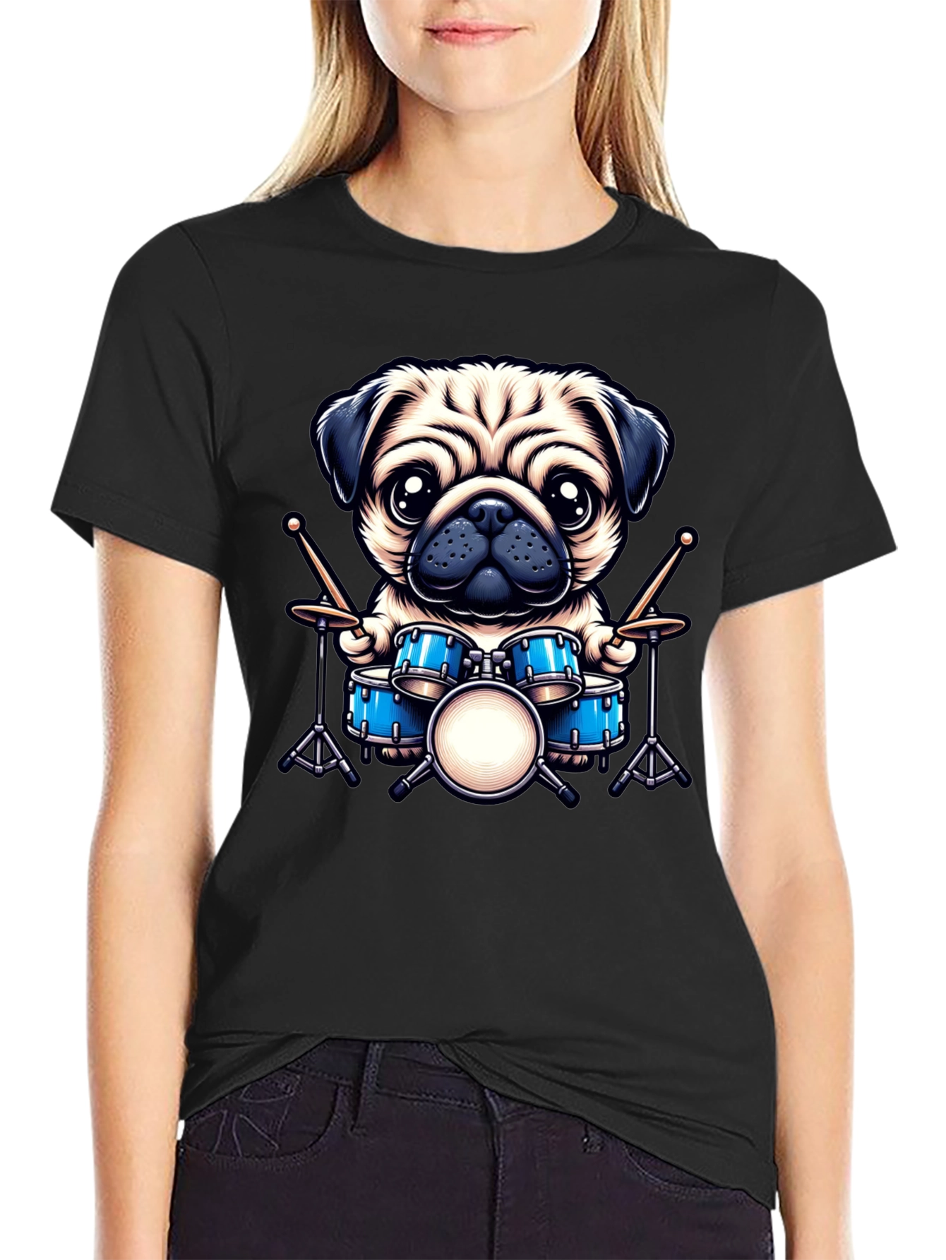 Black Pug Drummer Graphic Tee view 2