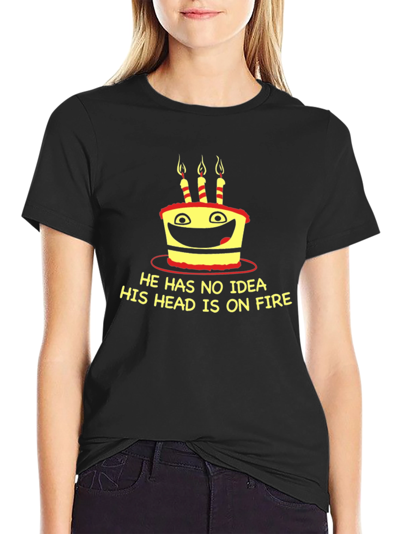 Black Funny Birthday Cake On Fire T-Shirt view 2