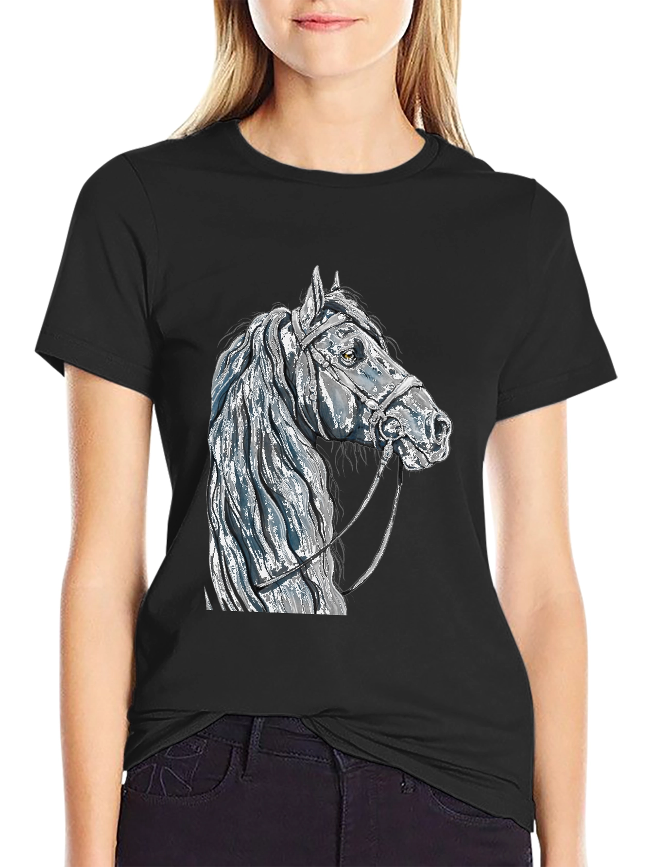 Black Horse Head Graphic Tee - Black Cotton Blend T-Shirt view 2