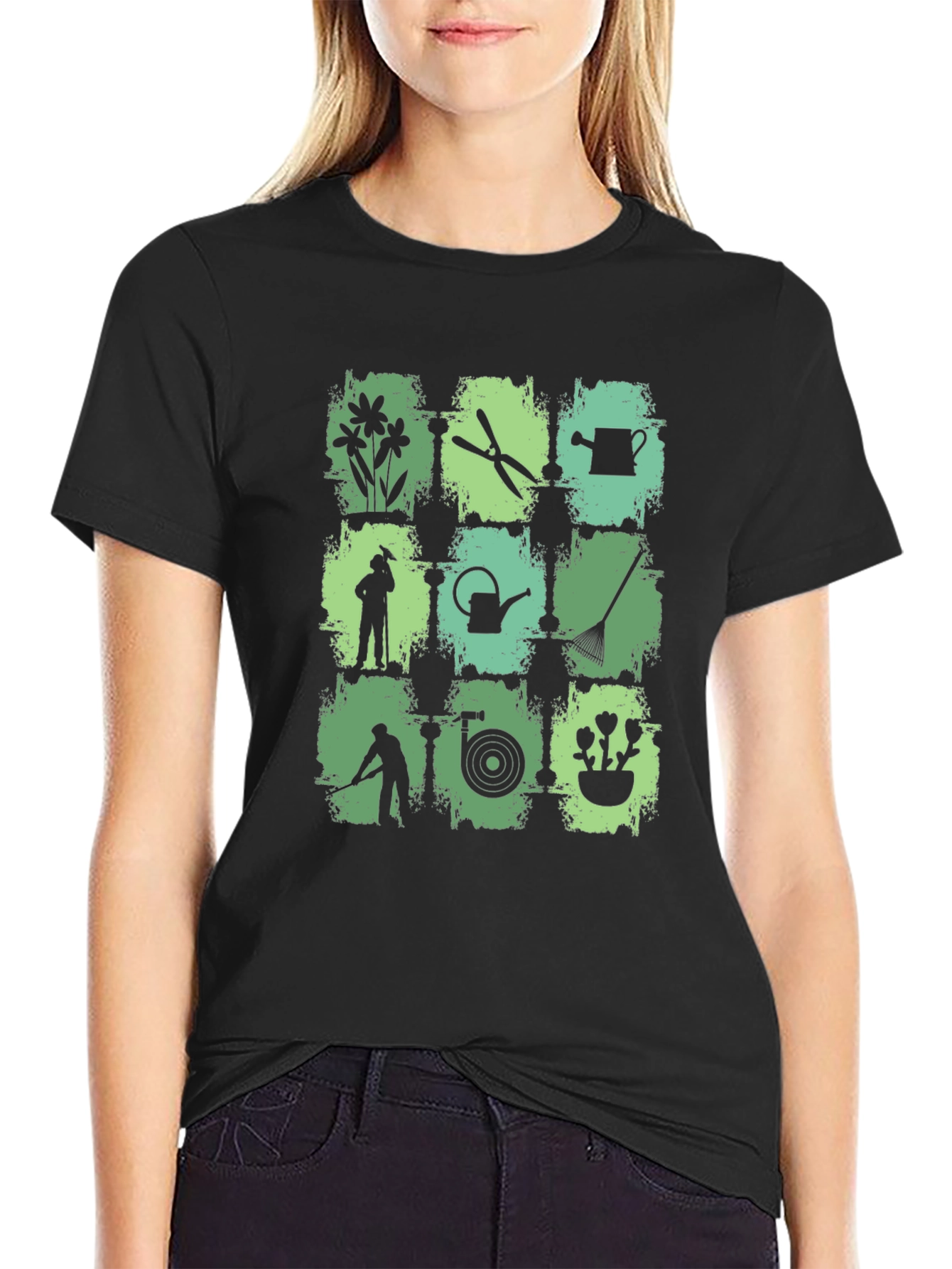 Black Gardening Tools Graphic Print Crew Neck T-Shirt view 2