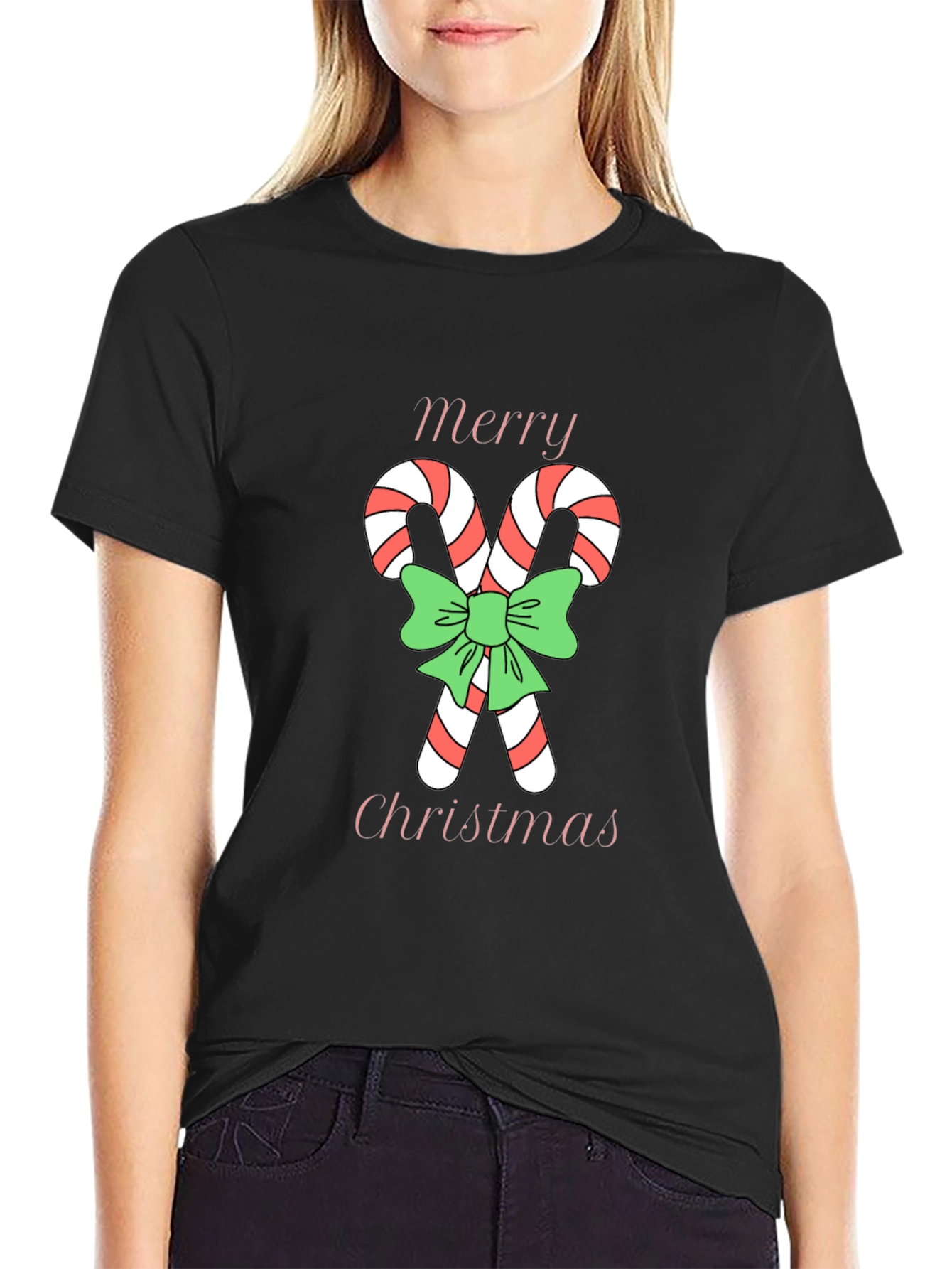 Black Festive Christmas Candy Cane T-Shirt view 2