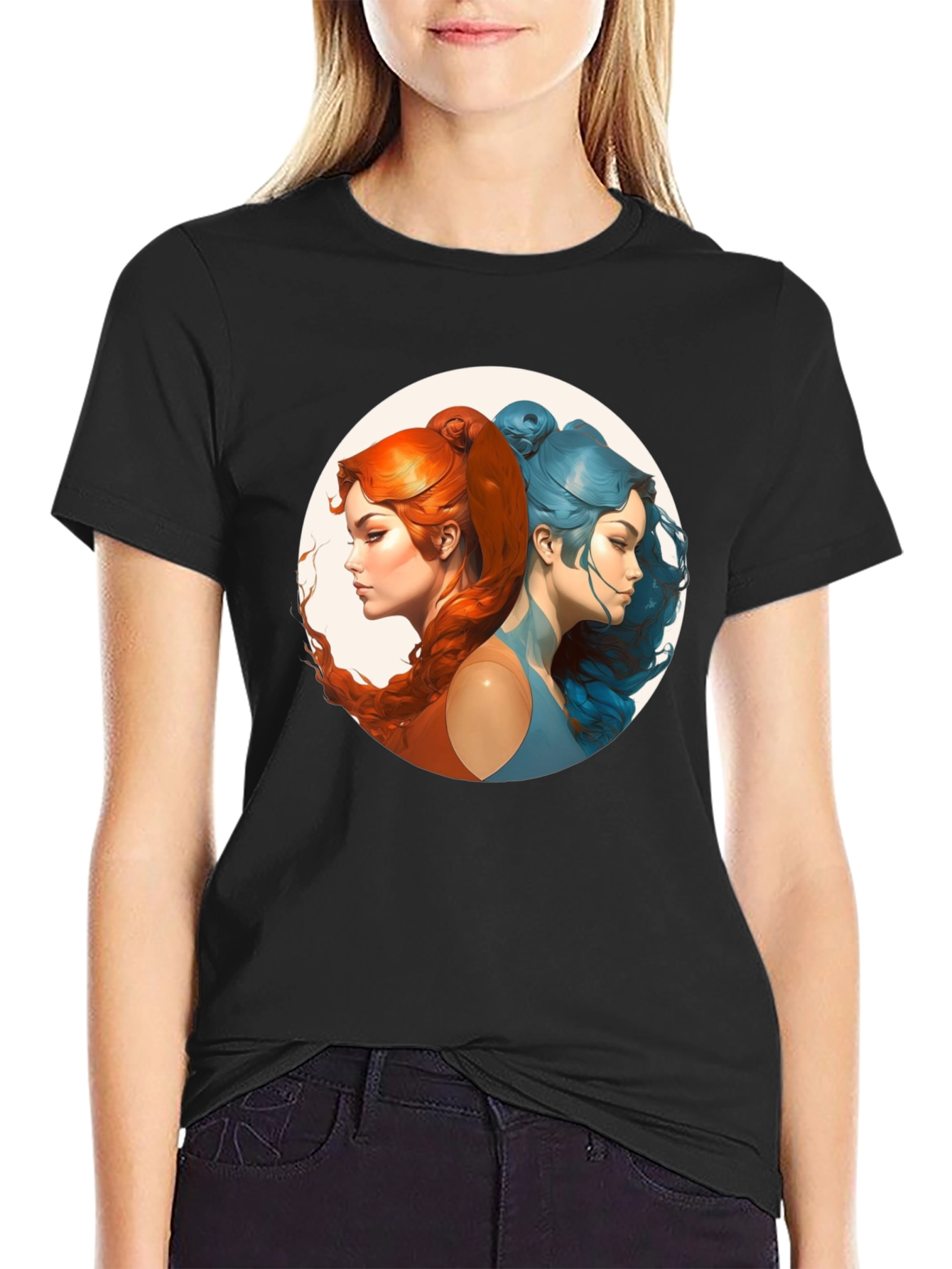 Black Unique Two Faced Woman Graphic Tee - Soft Cotton Blend view 2