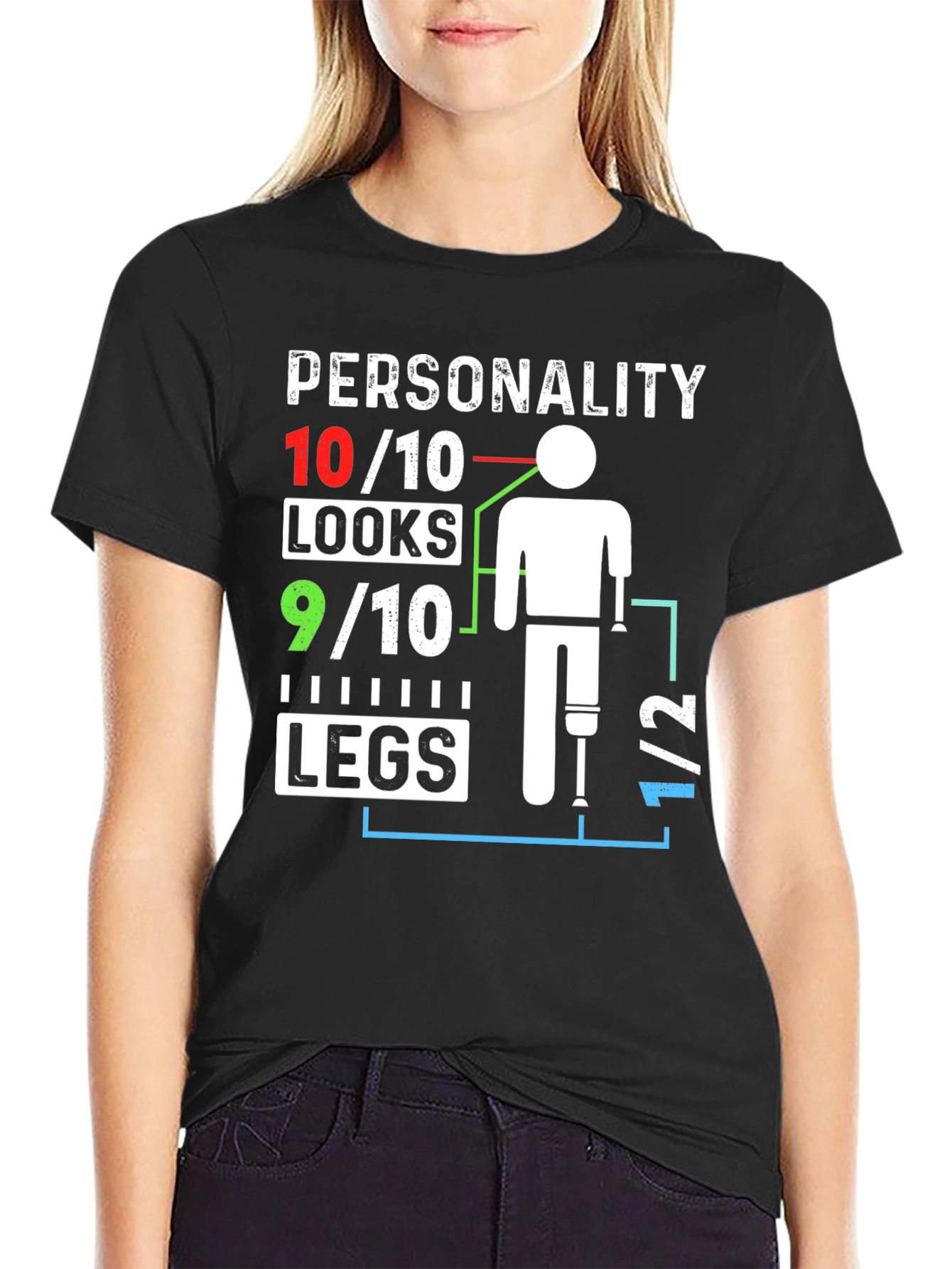 Black Humorous Amputee T-Shirt: Personality 10/10, Looks 9/10 view 2