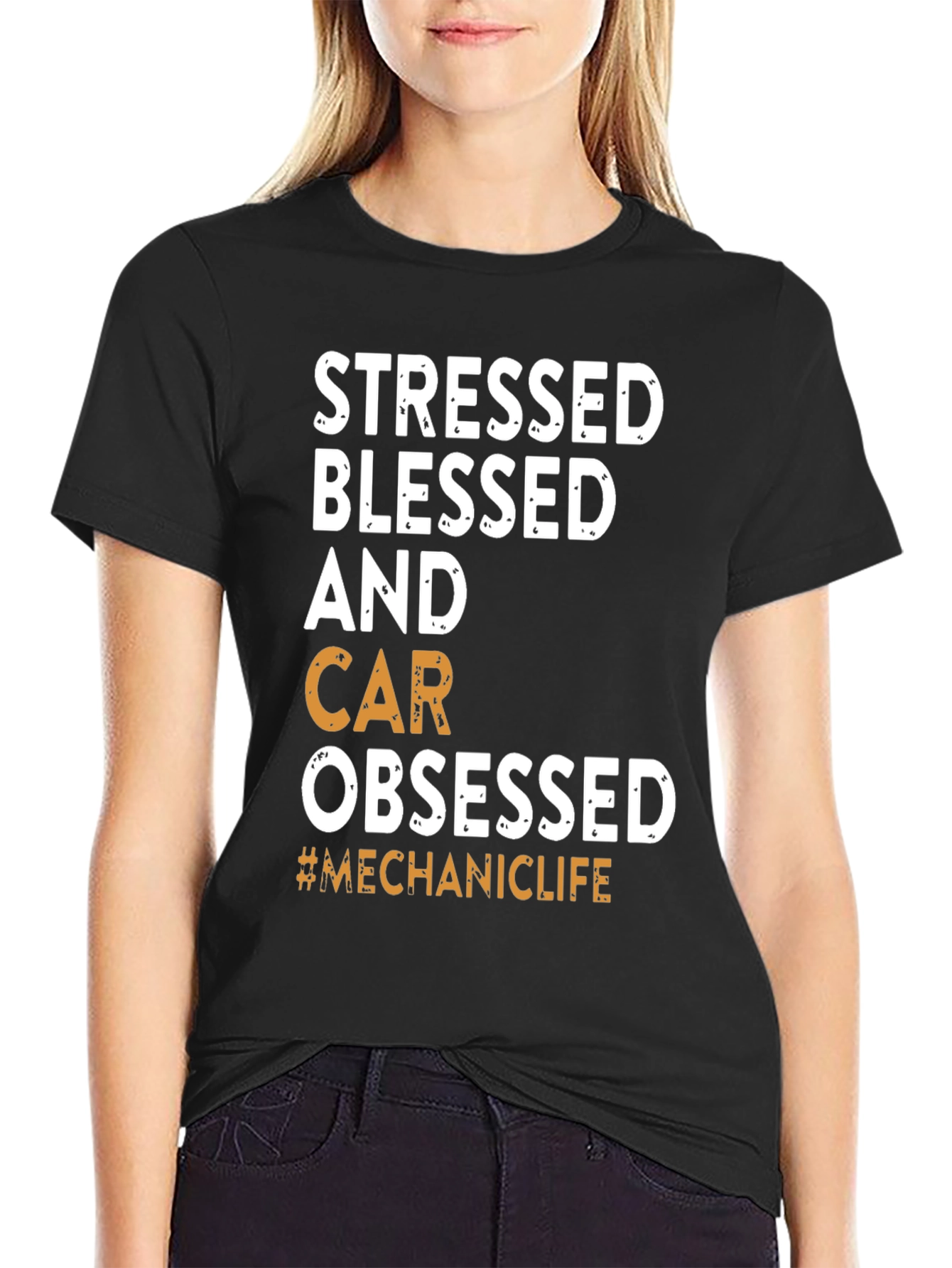 Black Stressed Blessed Car Obsessed T-Shirt view 2