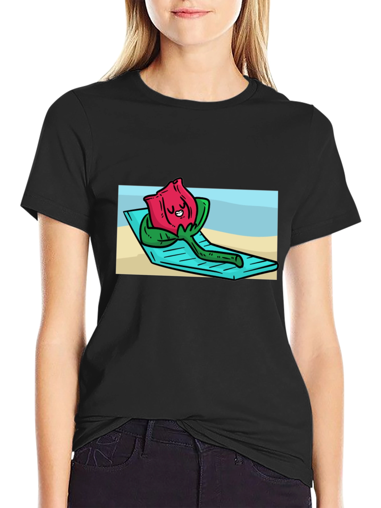Black Relaxing Rose Graphic Black T-Shirt view 2