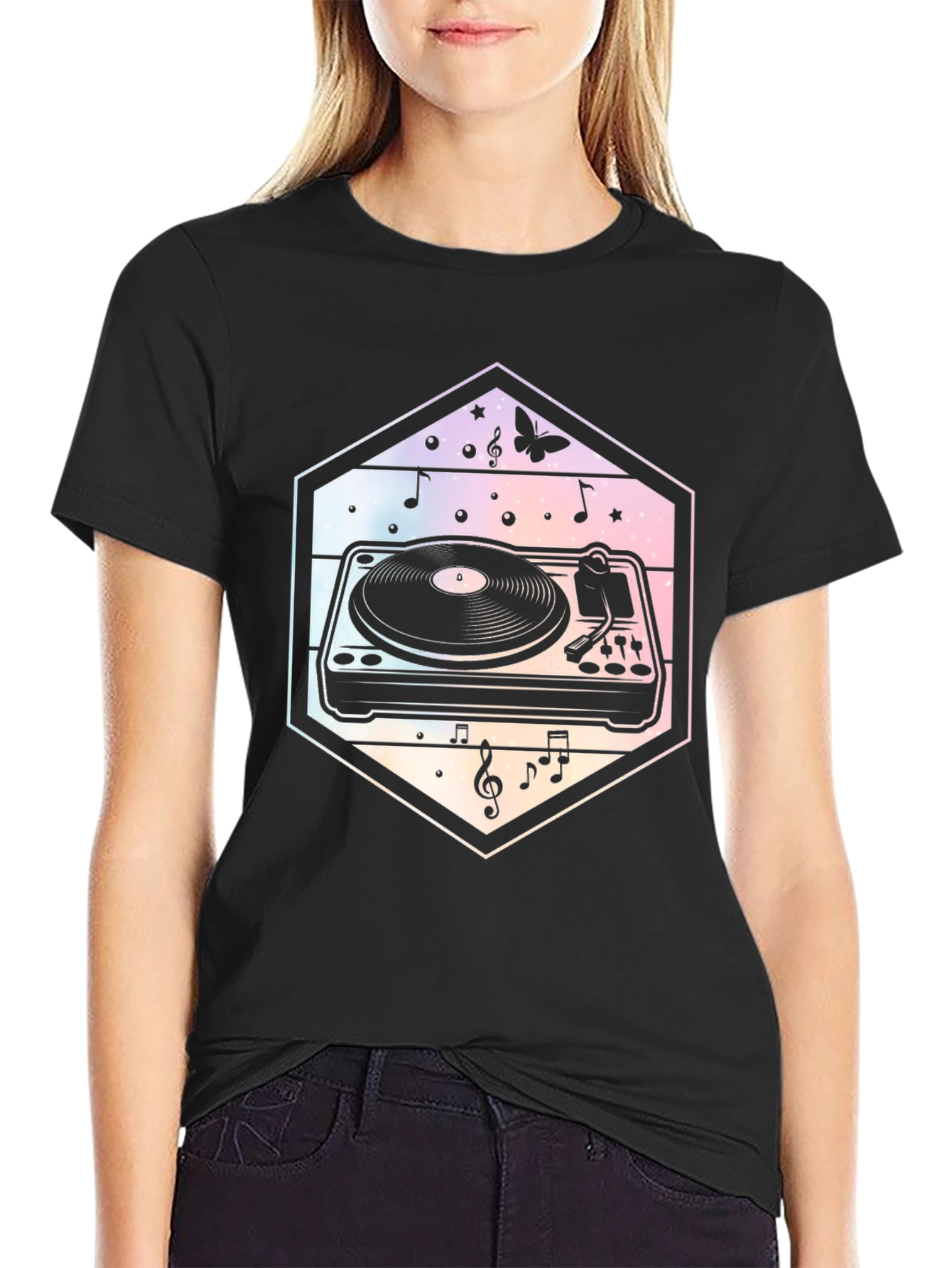 Black Retro Turntable Music T-Shirt - DJ Gift view 2