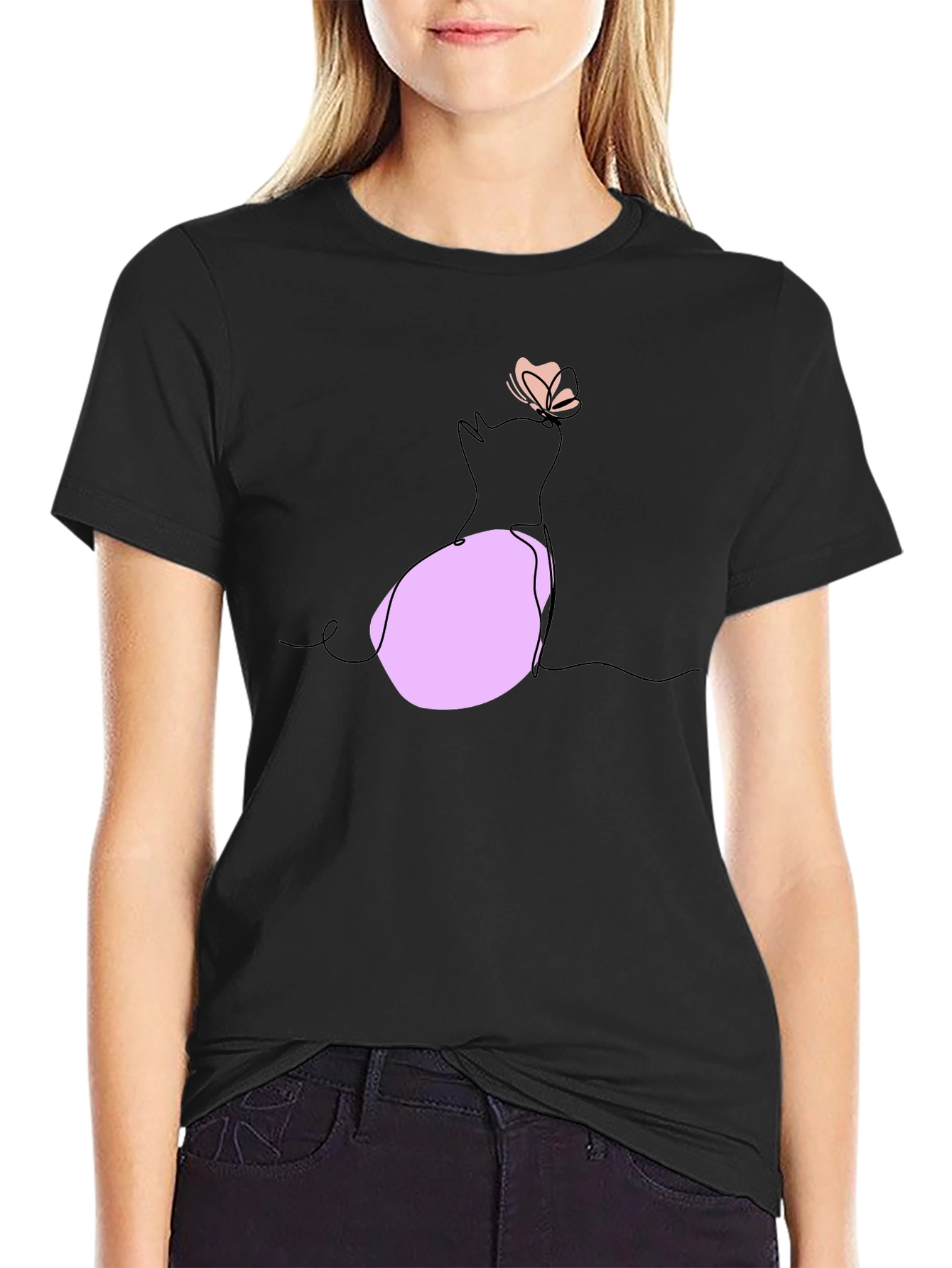Black Minimalist Cat & Butterfly Graphic T-Shirt view 2