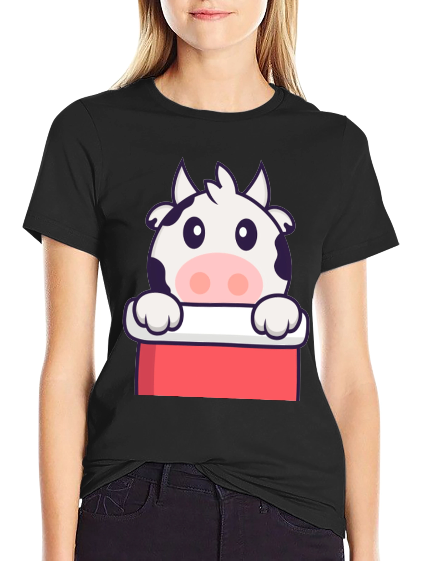 Black Cute Cow Graphic Print Black T-Shirt view 2