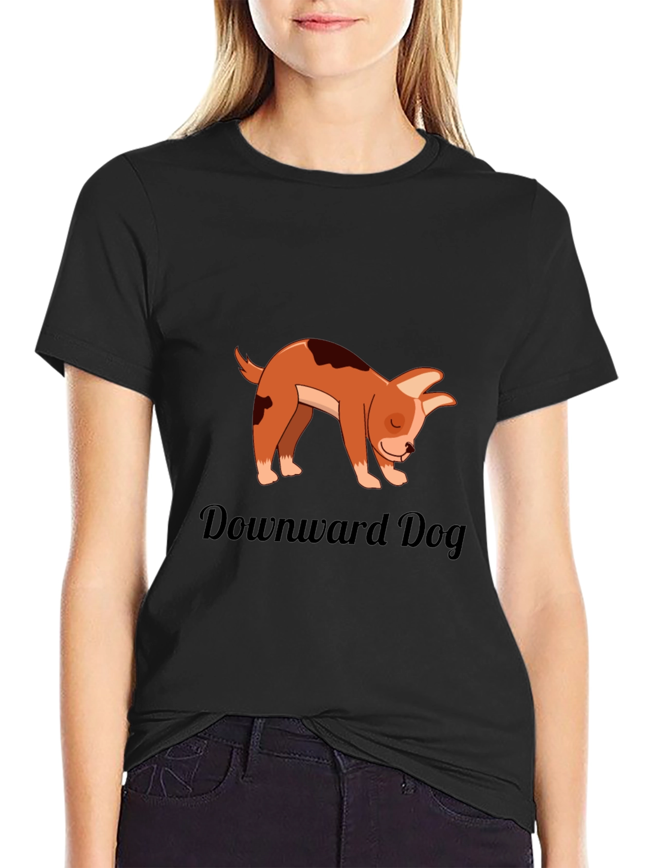 Black Downward Dog T-Shirt - Yoga Cartoon Puppy Graphic view 2
