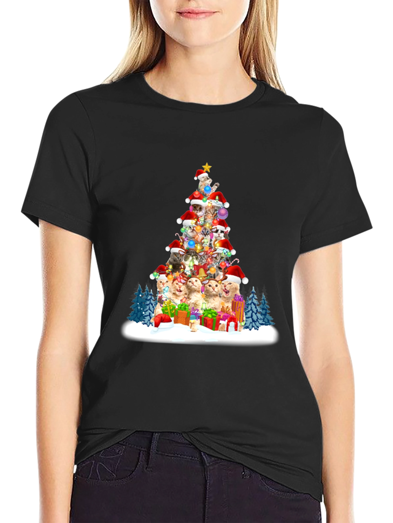 Black Festive Cat Christmas Tree T-Shirt view 2