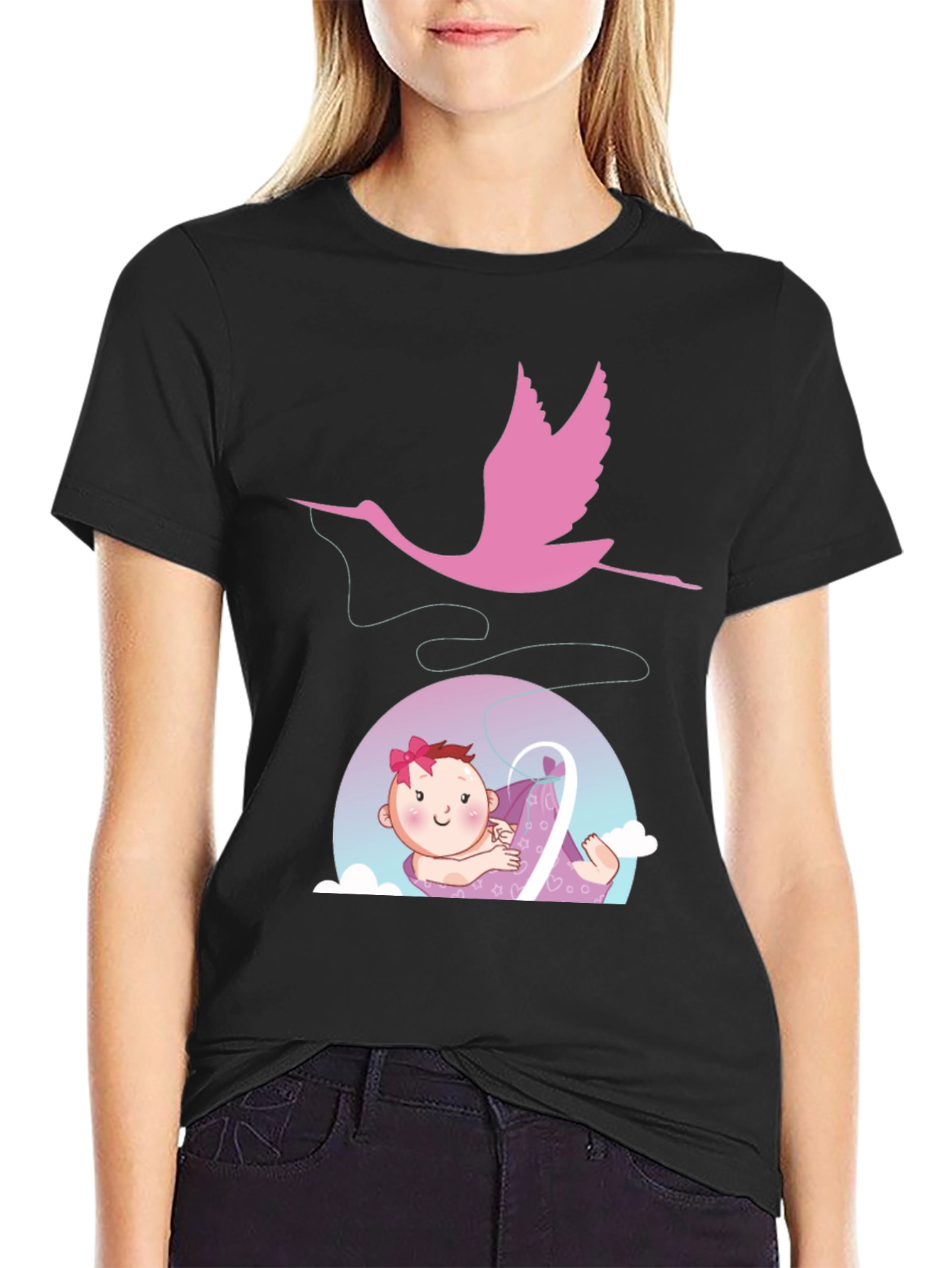 Black Cute Stork Delivering Baby T-Shirt - Black view 2