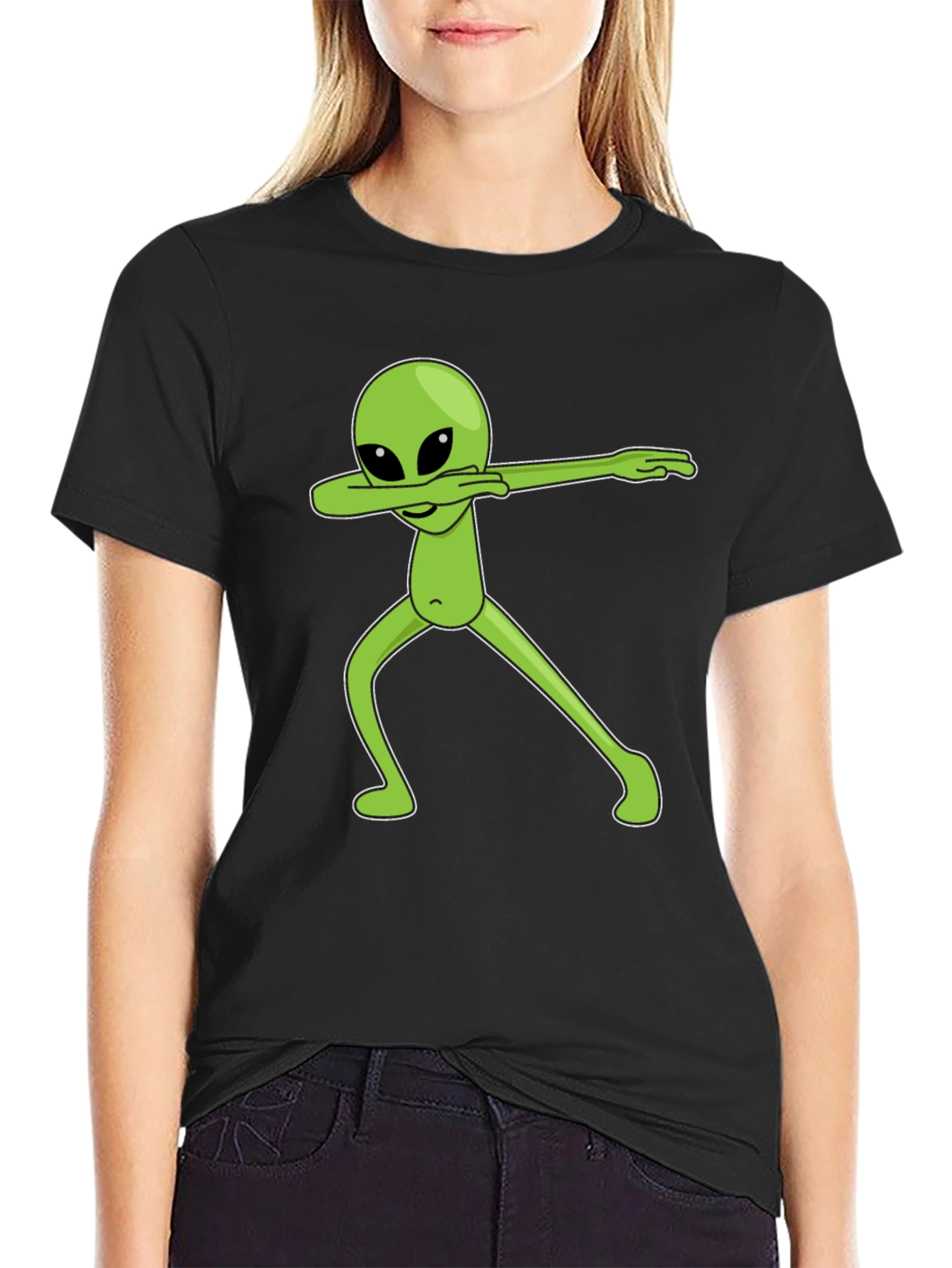Black Dabbing Alien Graphic Tee - Black Cotton T-Shirt view 2