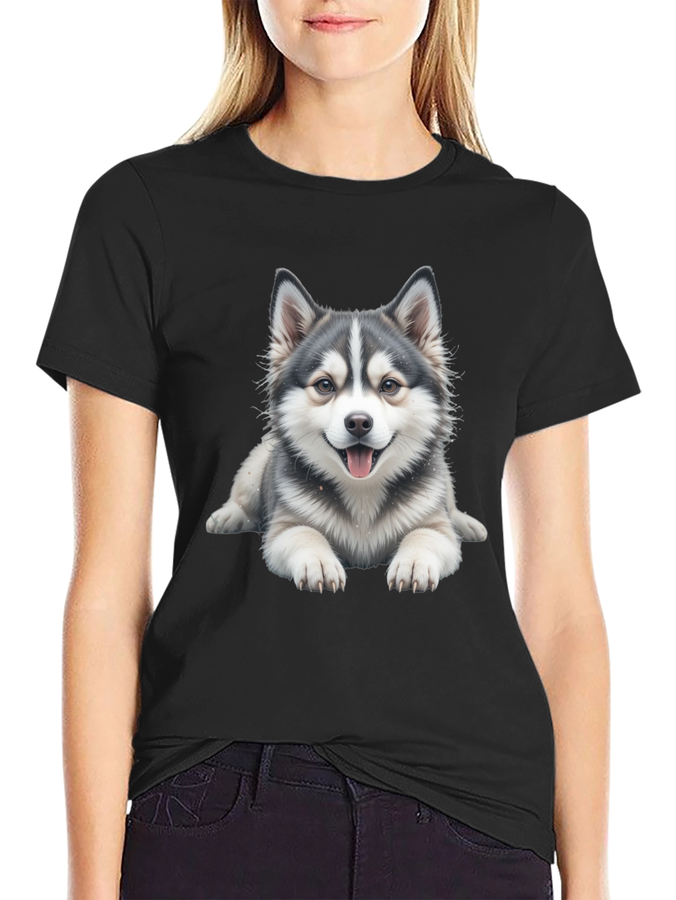 Black Cute Dog Graphic Tee - Black Cotton Blend view 2