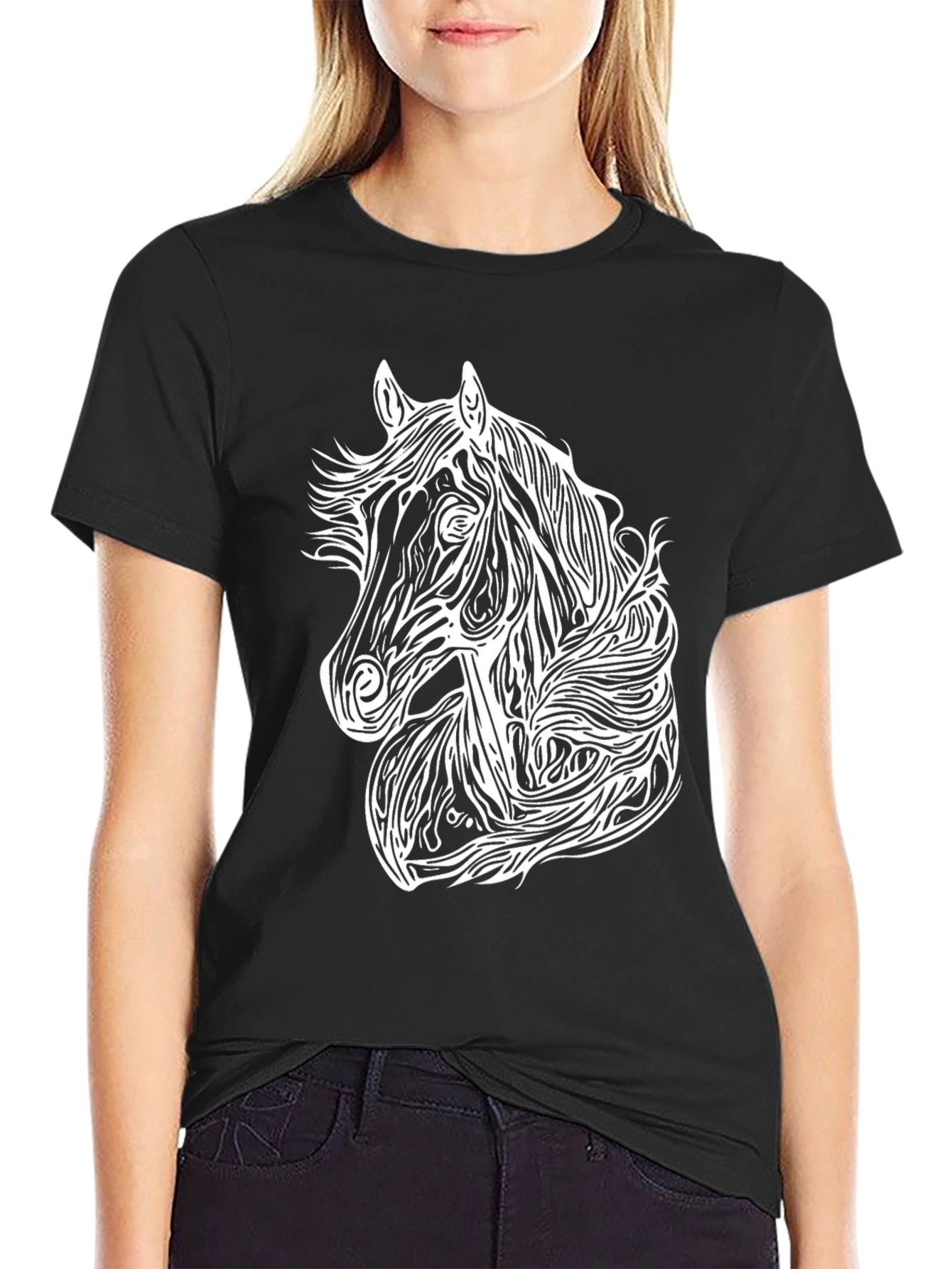Black Horse Graphic Tee - Stylish Black Cotton Blend T-Shirt view 2