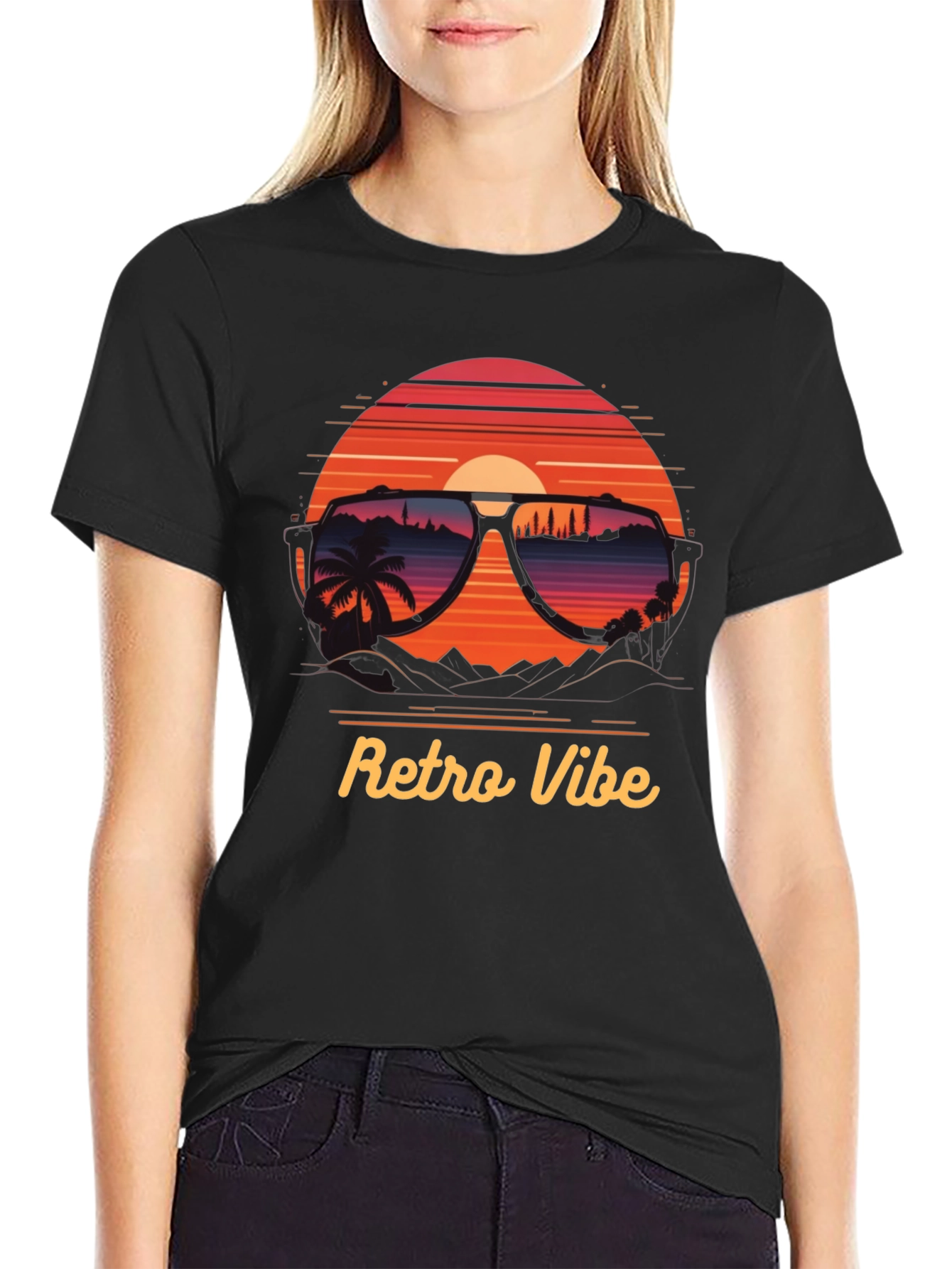 Black Retro Vibe T-Shirt - Sunglasses Sunset Design view 2
